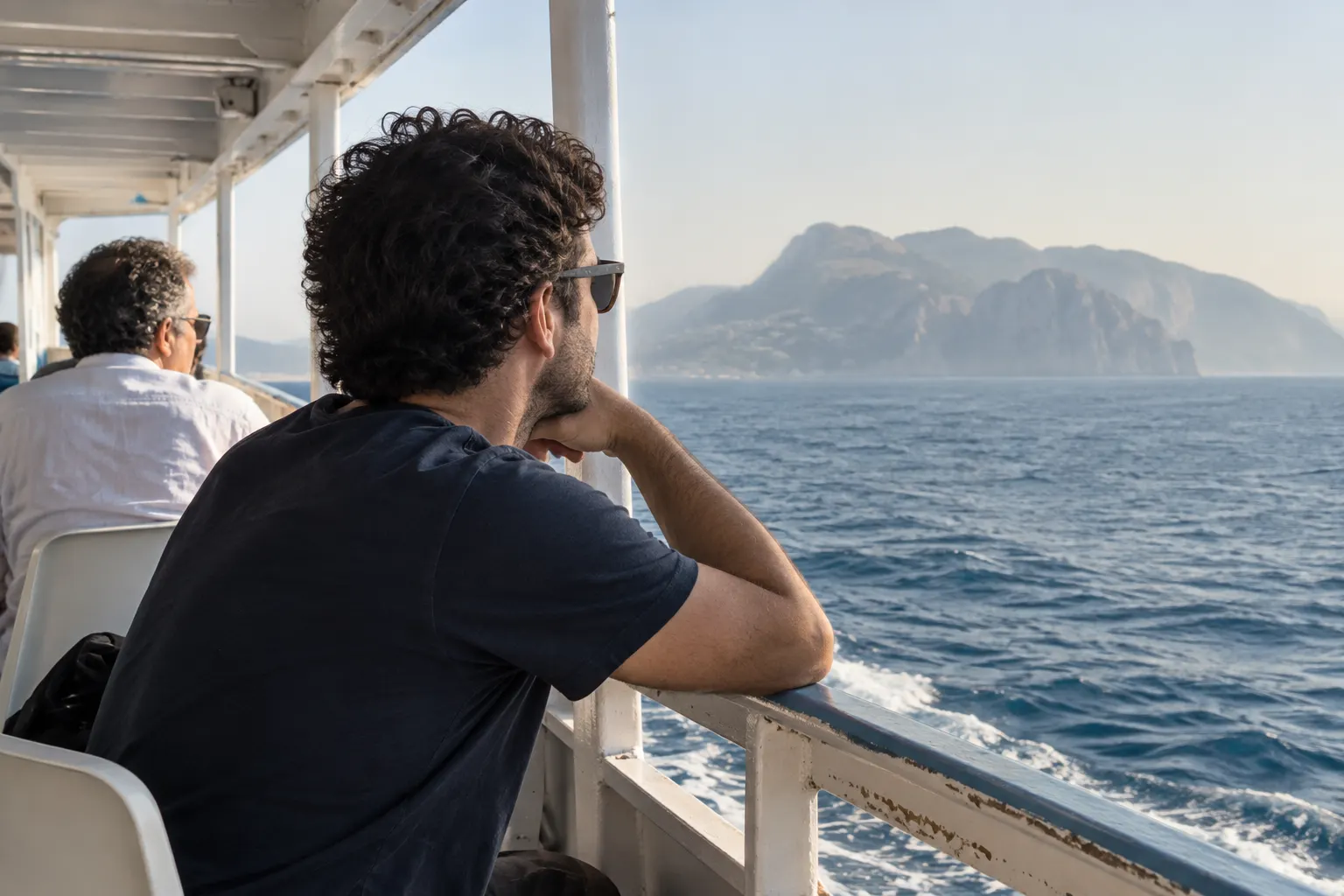 Passengers looking toward a distant island from the shaded deck of a conventional ferry.