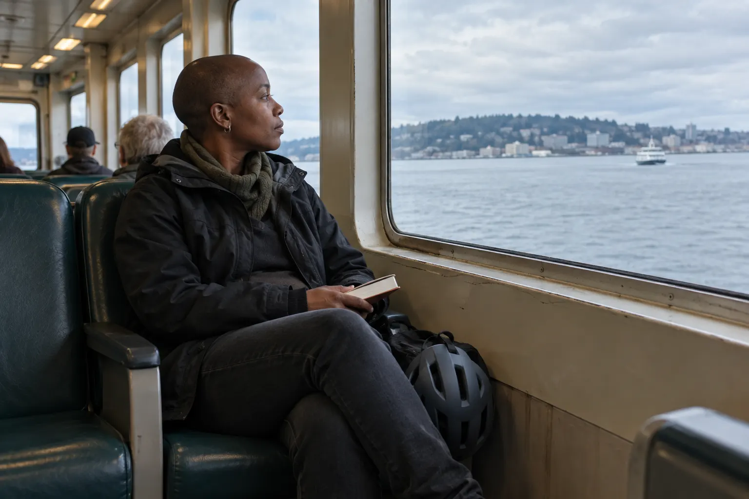 Commuter with a closed paperback watching calm water through a ferry window.