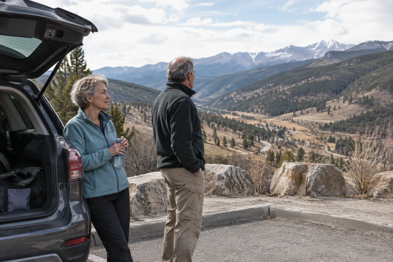 Older travelers taking a water break in a designated rest area during a mountain drive.