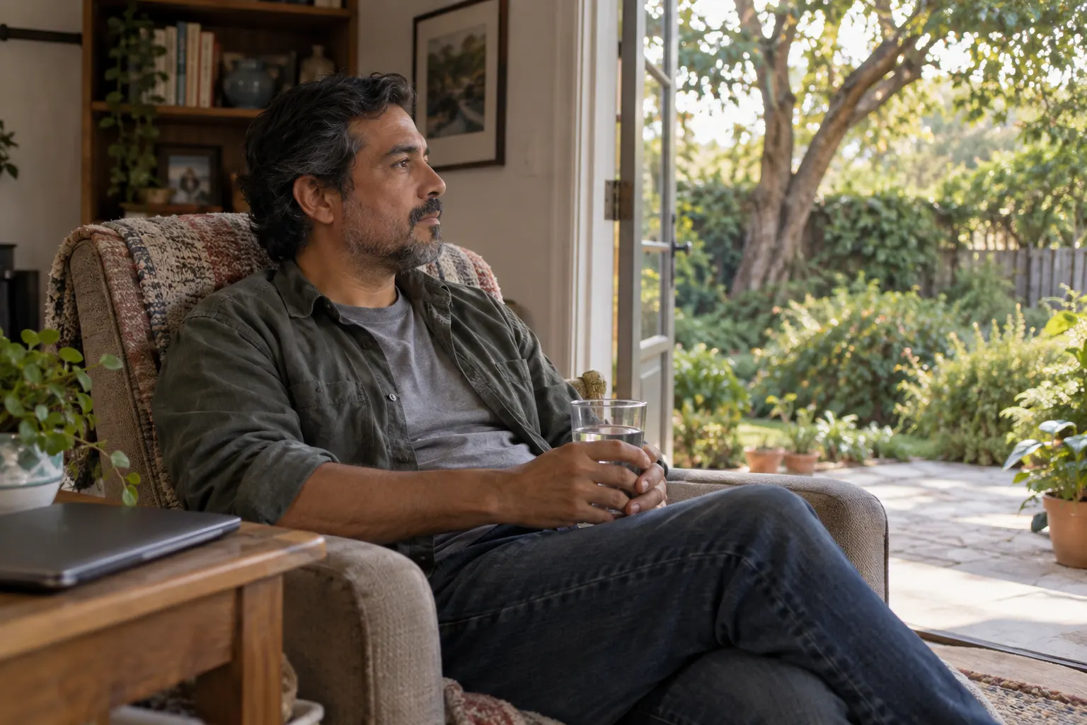 Person resting near a garden doorway with water and a closed laptop on a side table.