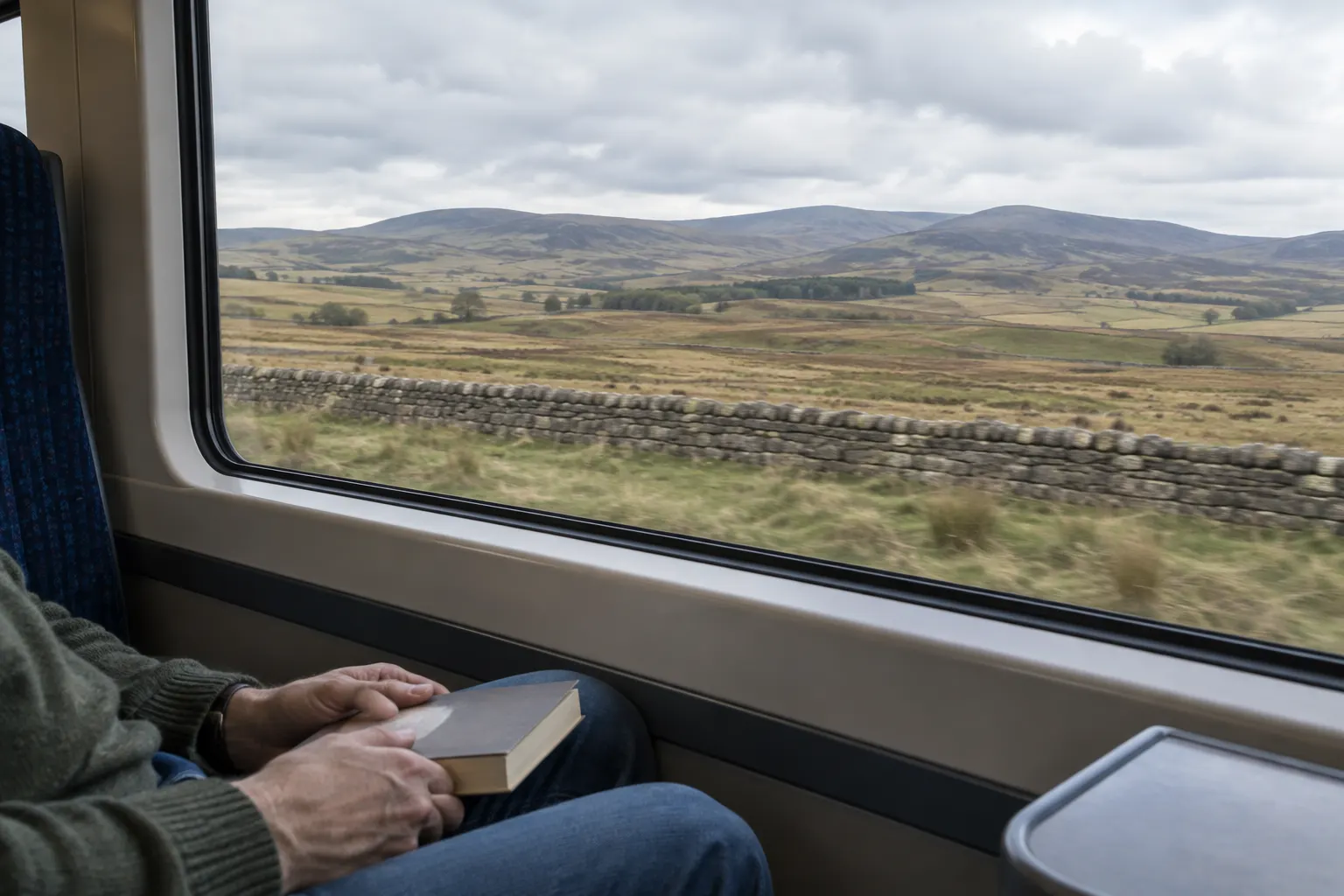 Moorland and distant fells seen from a train window above a traveler's closed paperback.