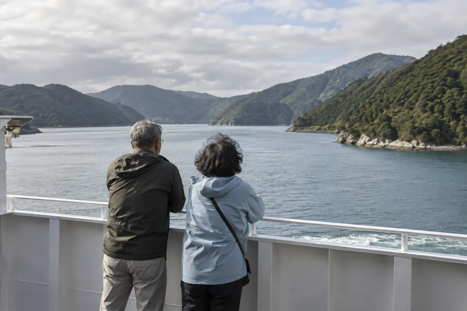 Passengers watching calm water between wooded hills from behind a ferry deck rail.