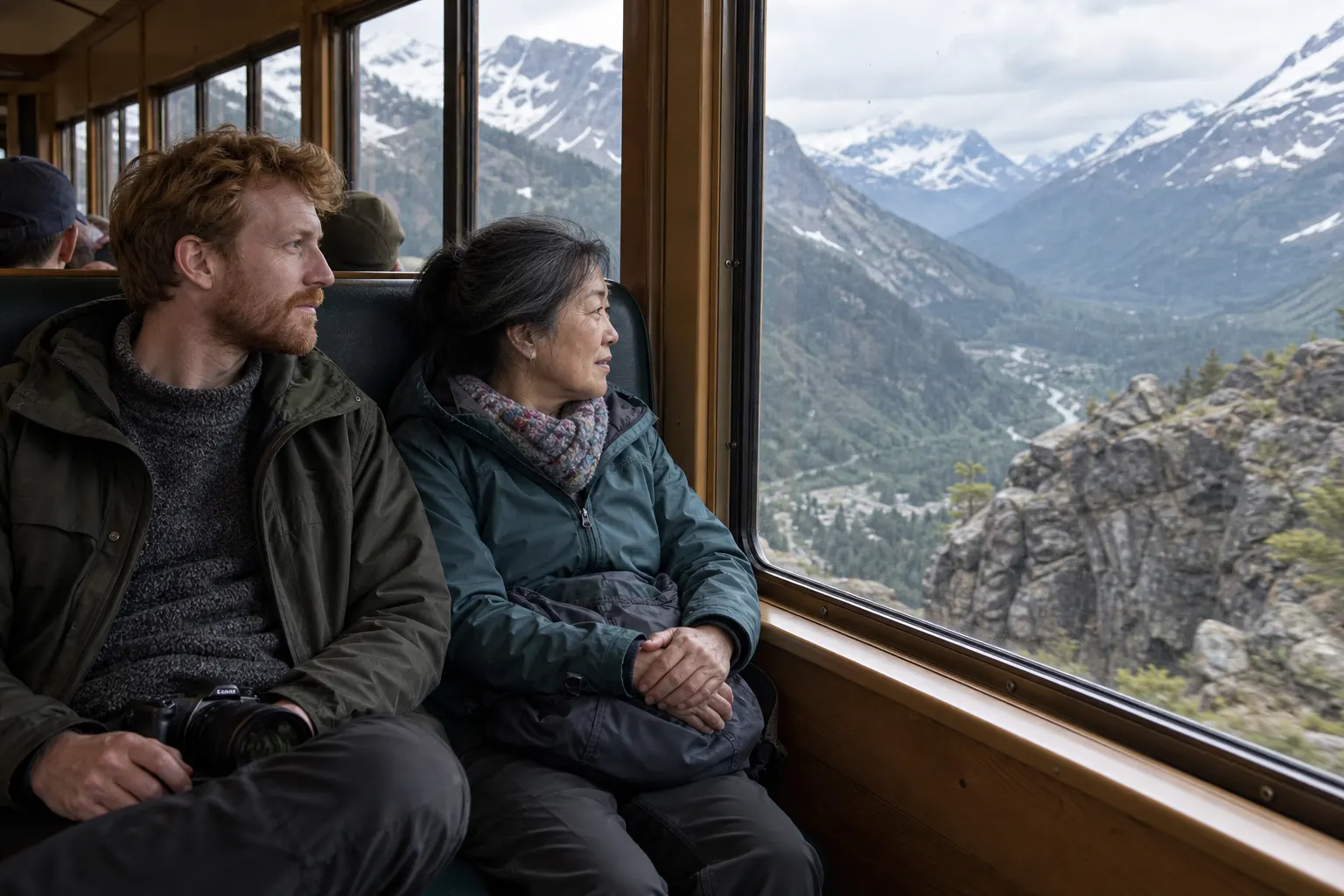 Railway passengers looking across a broad mountain valley with their camera and bags put away.