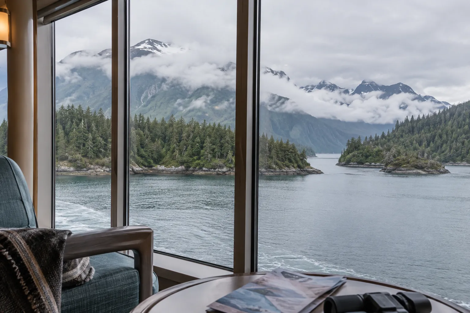 Forested islands sheltering a narrow Alaskan channel seen from an observation lounge.