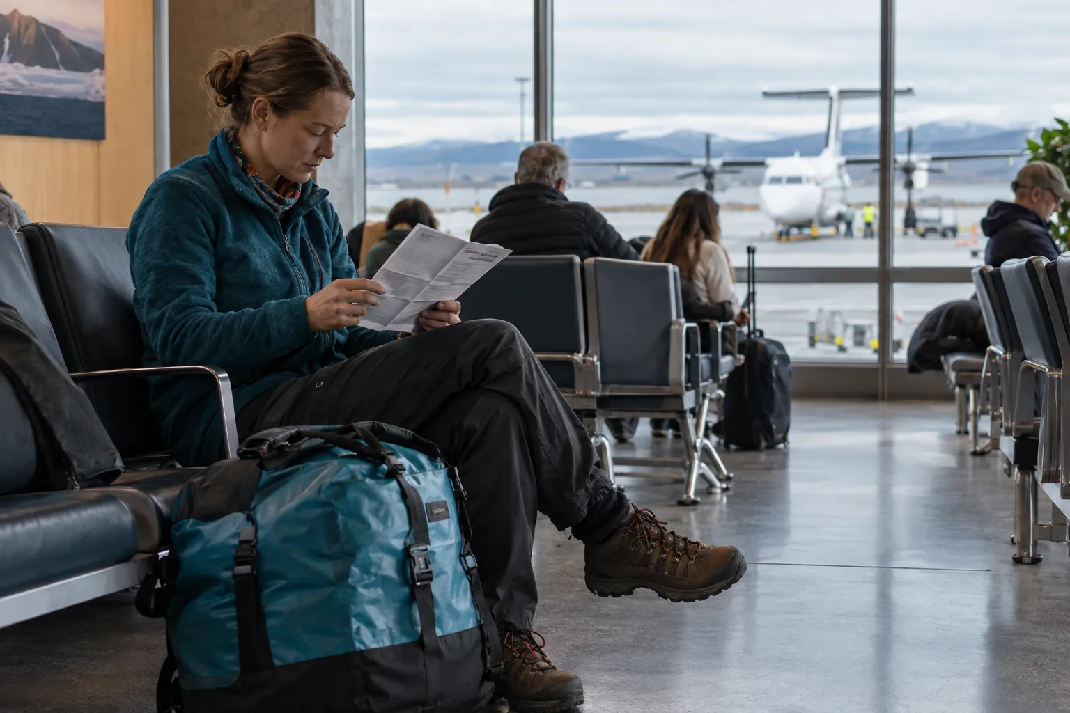 Expedition traveller reviewing an itinerary beside packed luggage in a small airport lounge.