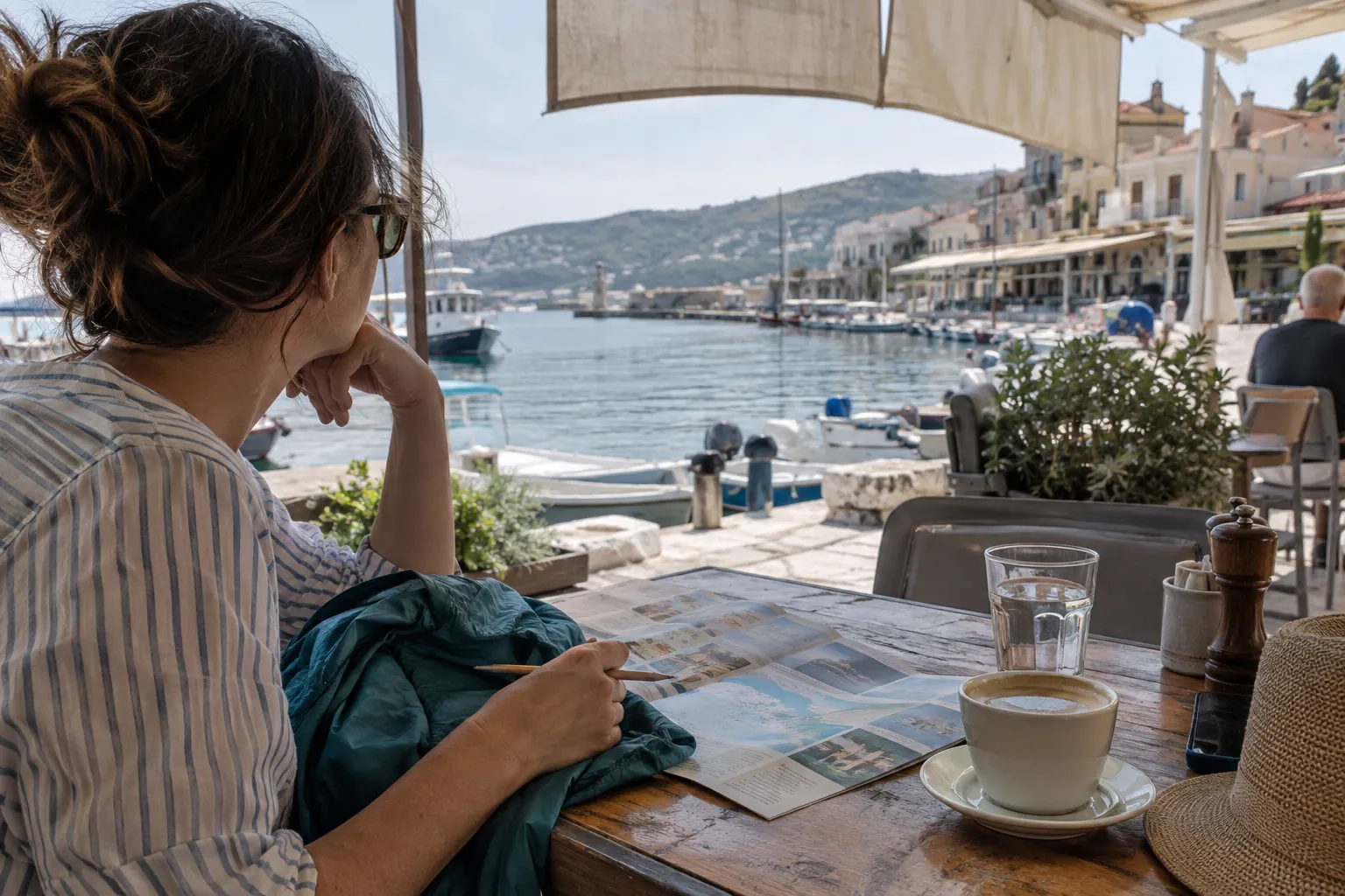 Cruise itinerary and windbreaker on a sheltered Mediterranean harbour-side table.