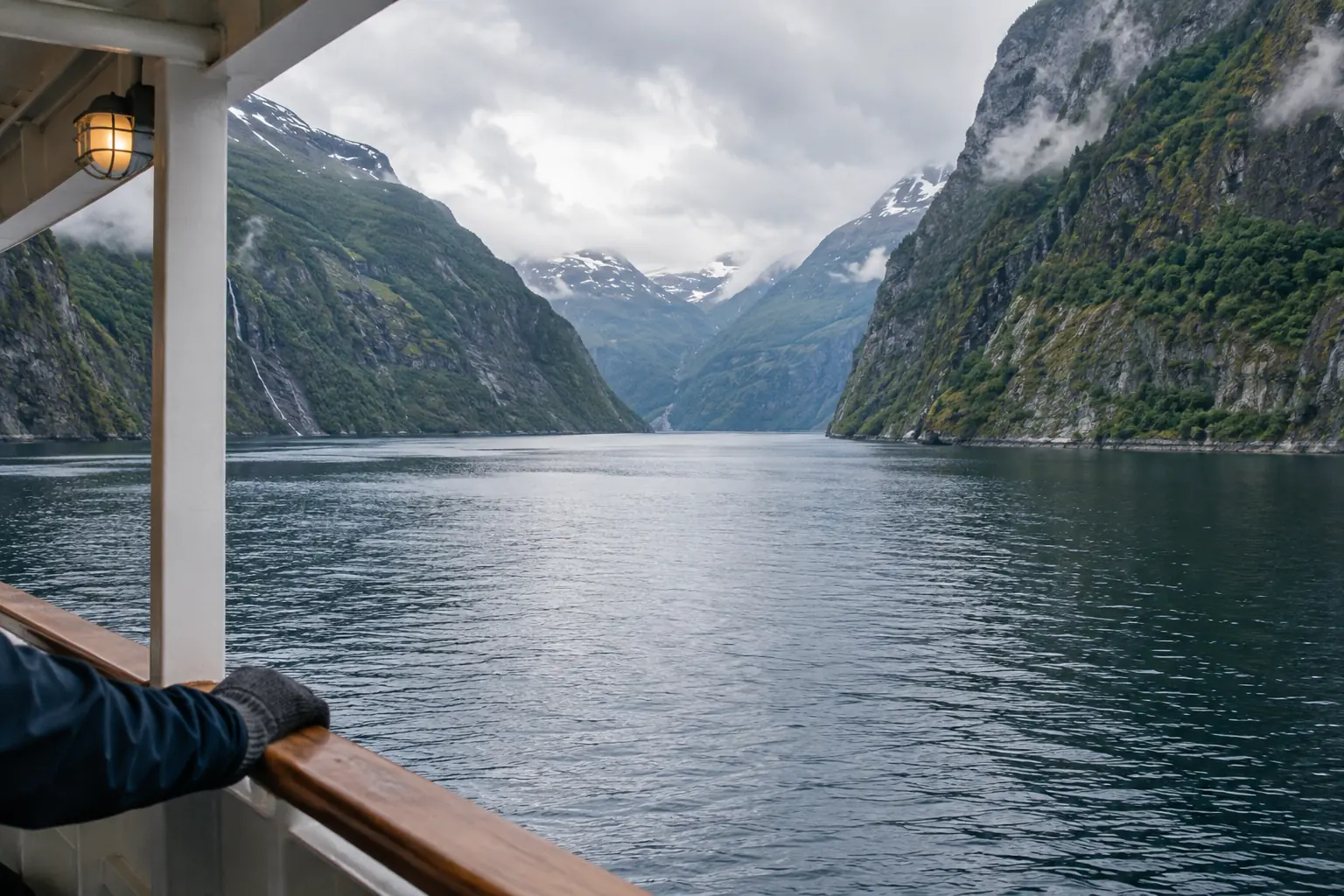 Mountain walls and a bend sheltering the water inside a Norwegian fjord.