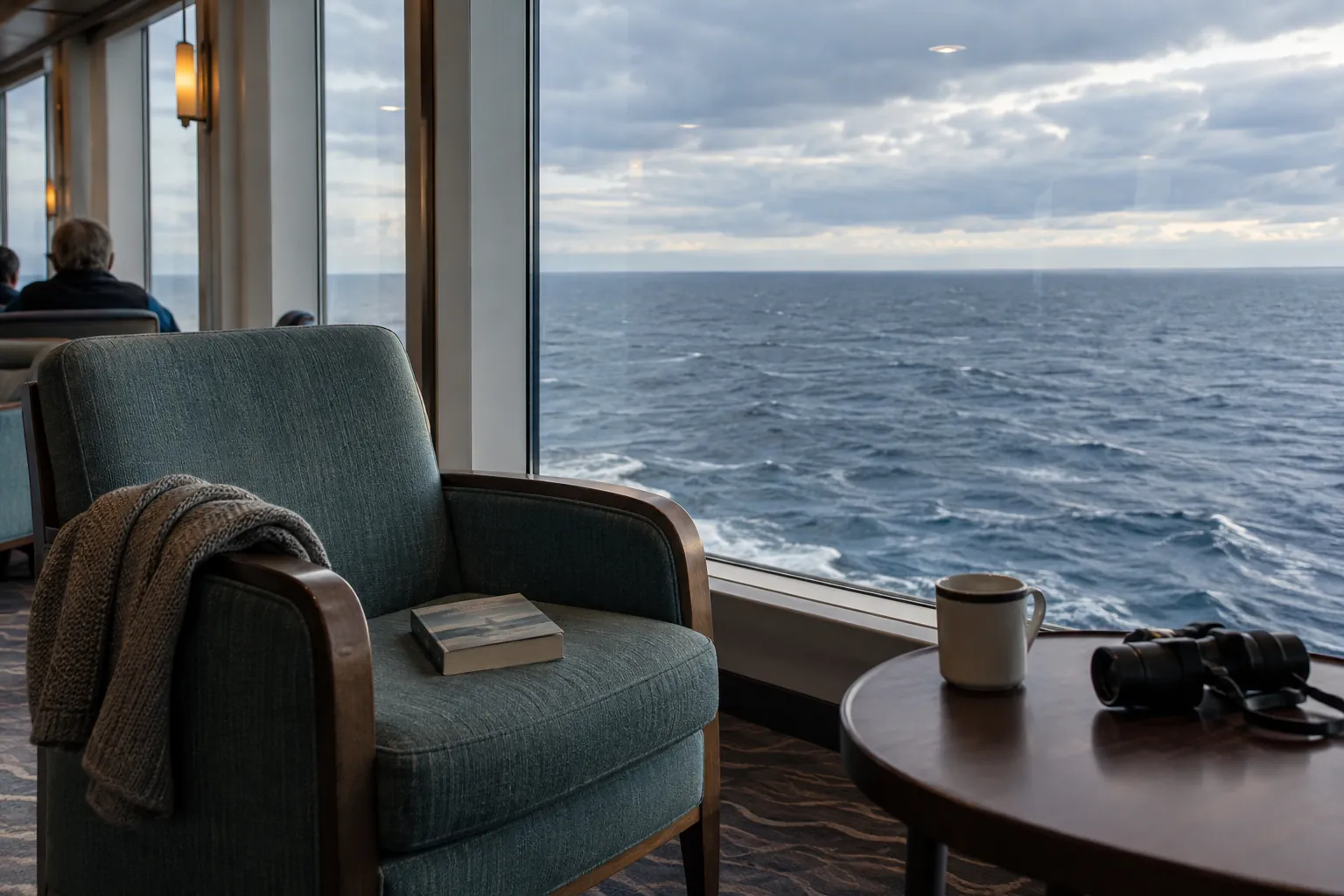 An uninterrupted ocean horizon seen from a quiet ship lounge during a sea day.