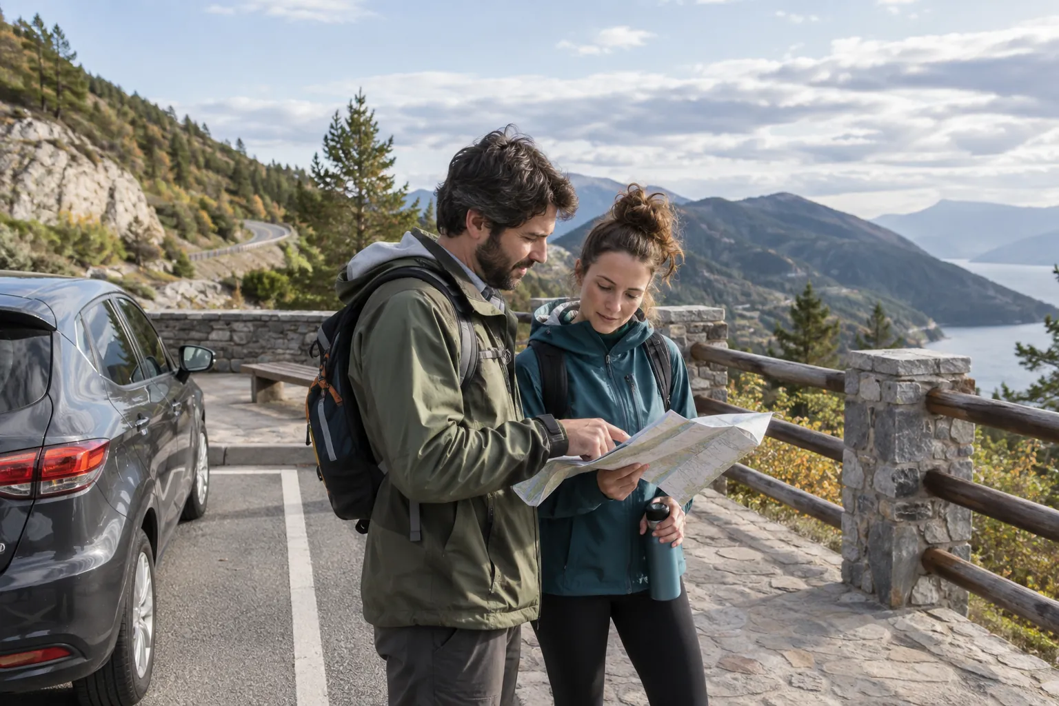 Travellers taking a planned break in a marked viewpoint parking area beside a winding road.