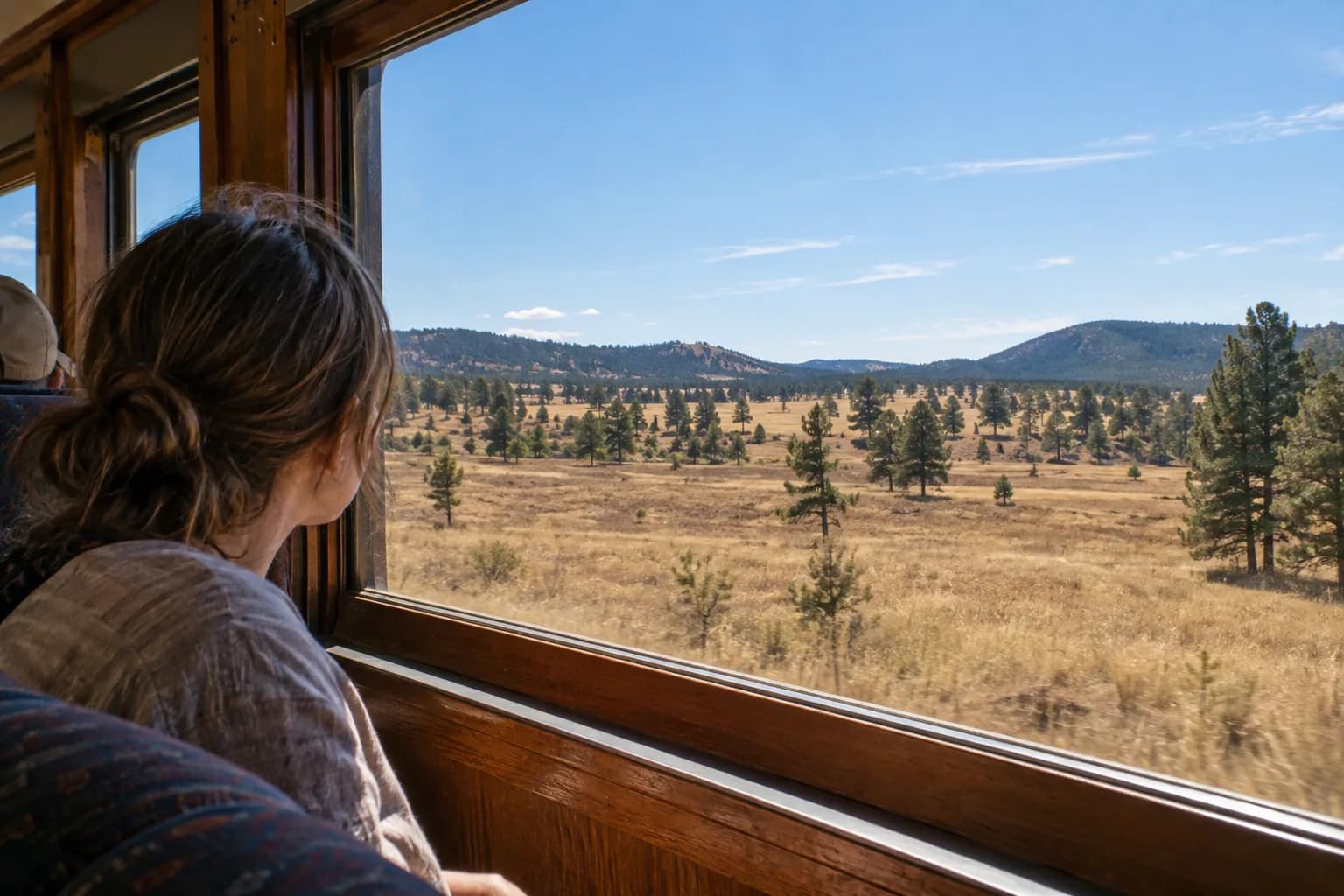 Open plateau grassland and scattered pine trees seen from a vintage-style passenger coach.