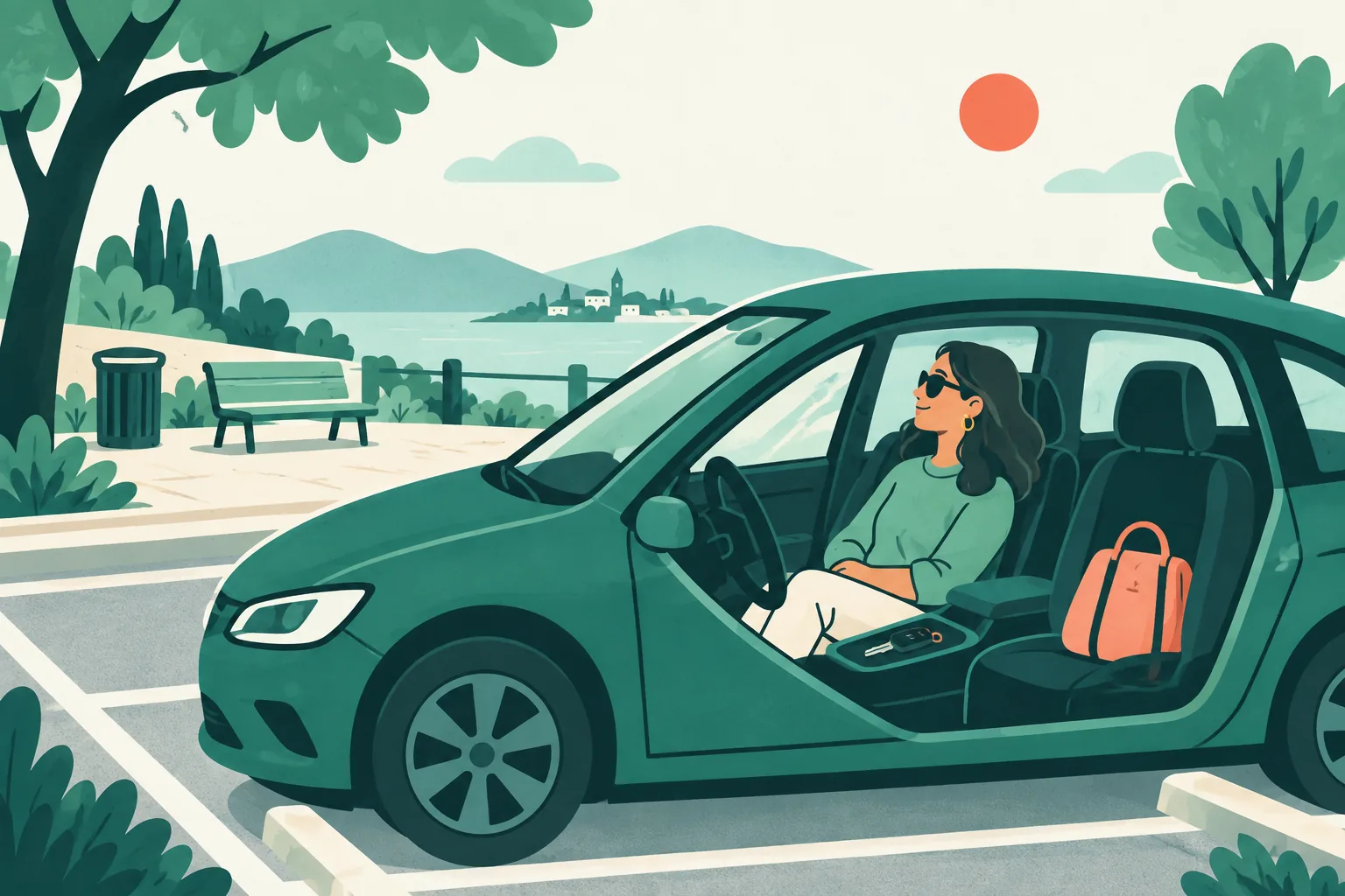 Illustration of a driver resting with hands in their lap inside a car parked in a designated bay.