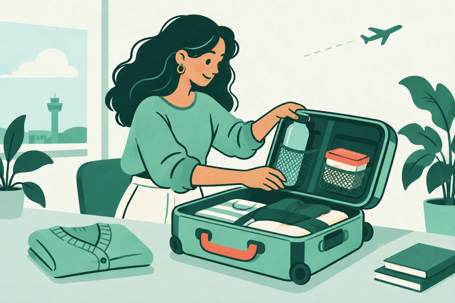 Illustration of a first-time traveller packing water and a small snack into a cabin bag.
