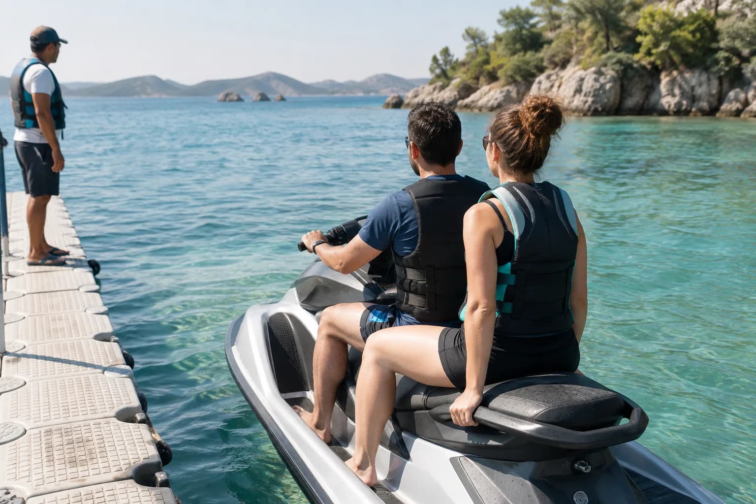 Two lifejacketed adults seated on a stationary personal watercraft, with the passenger looking forward past the driver.