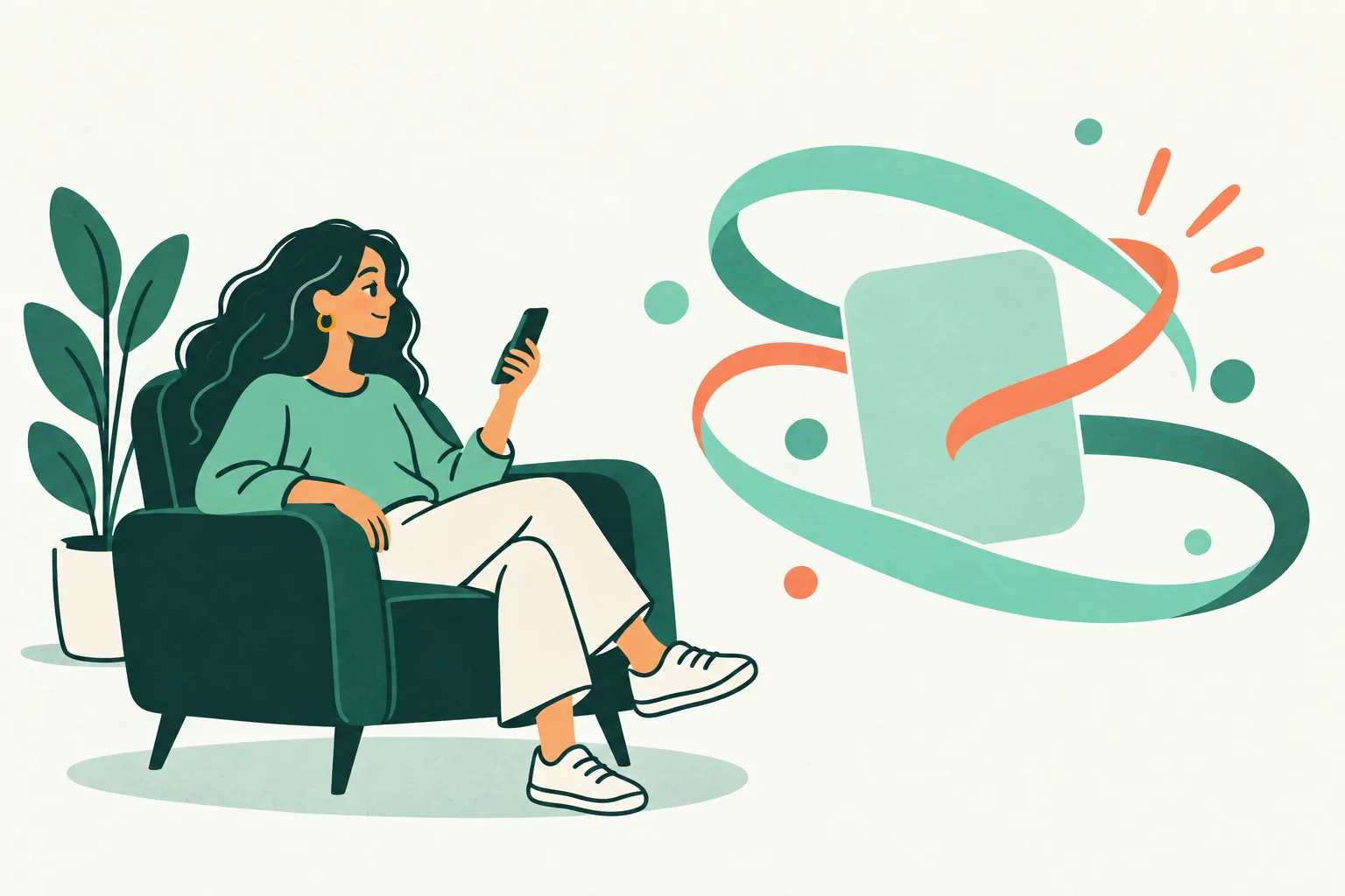 Illustration of a stationary seated viewer beside a phone surrounded by abstract looping ribbons.