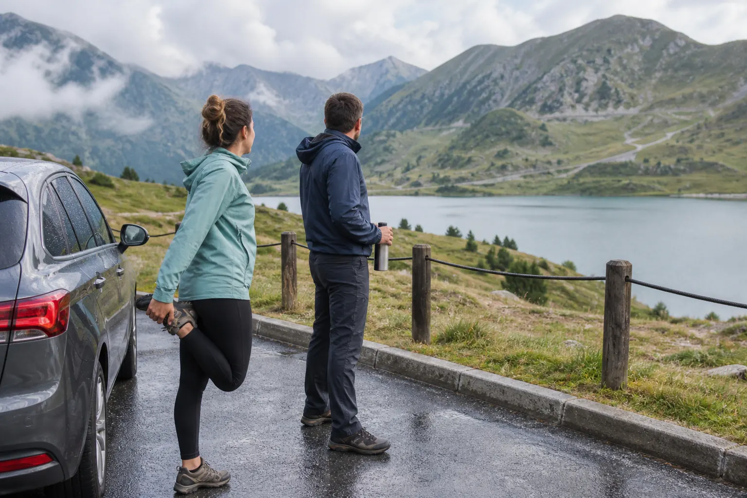 Travellers pausing in a designated mountain parking area beside a small lake.