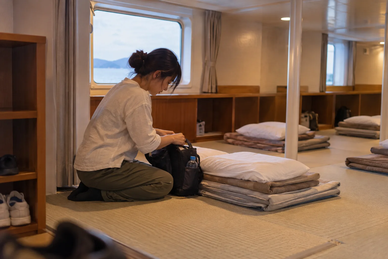 Traveller arranging bedding in a plain shared sleeping room aboard an overnight ferry.