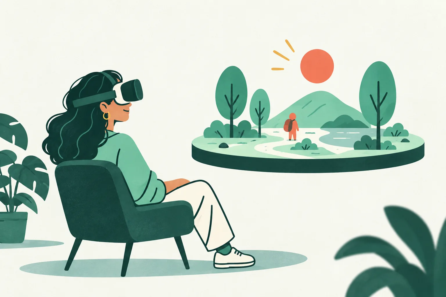 Illustration of a seated headset viewer looking toward a small abstract landscape on a tabletop platform.