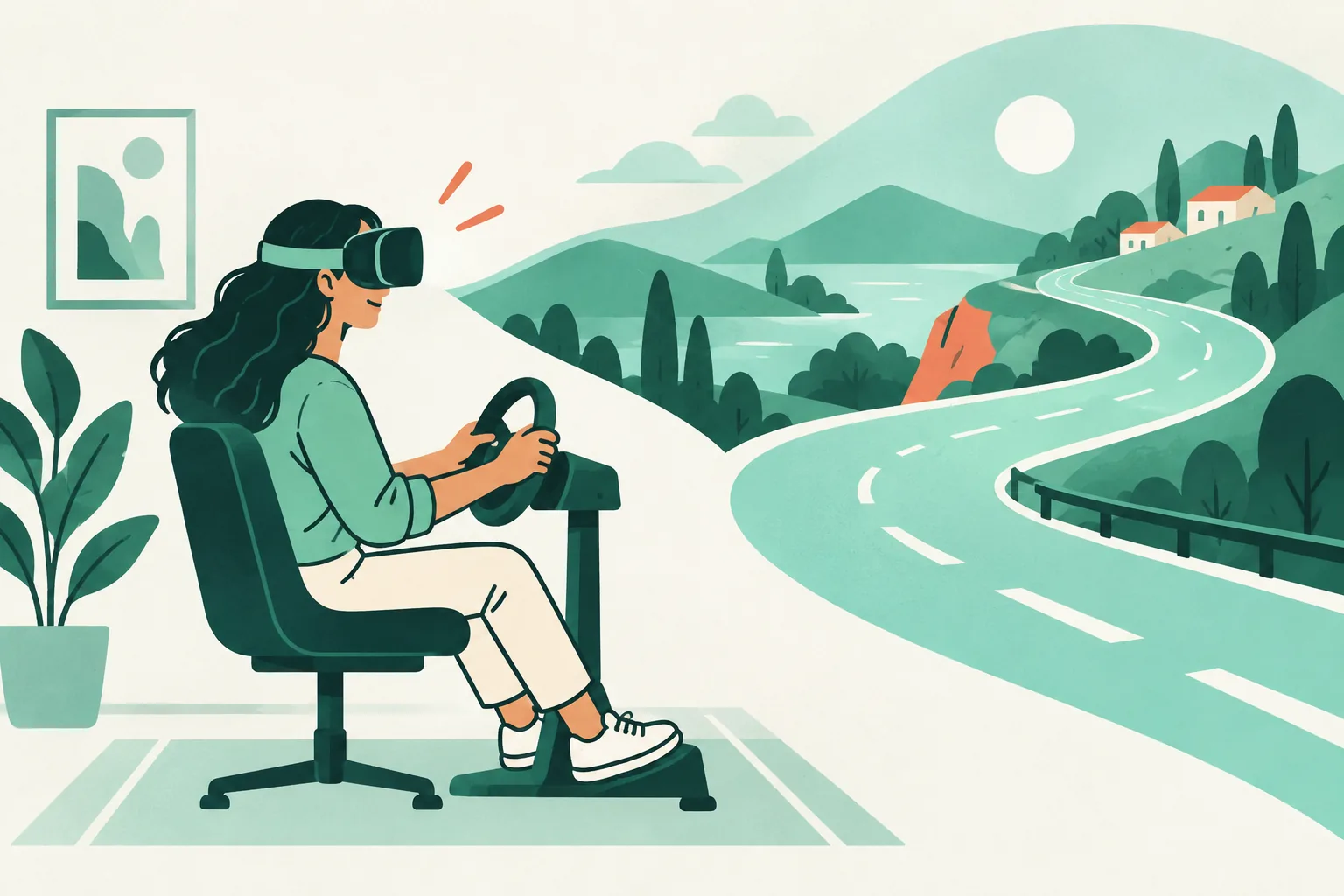 Illustration of a seated headset player at a generic steering wheel beside an abstract curving road.