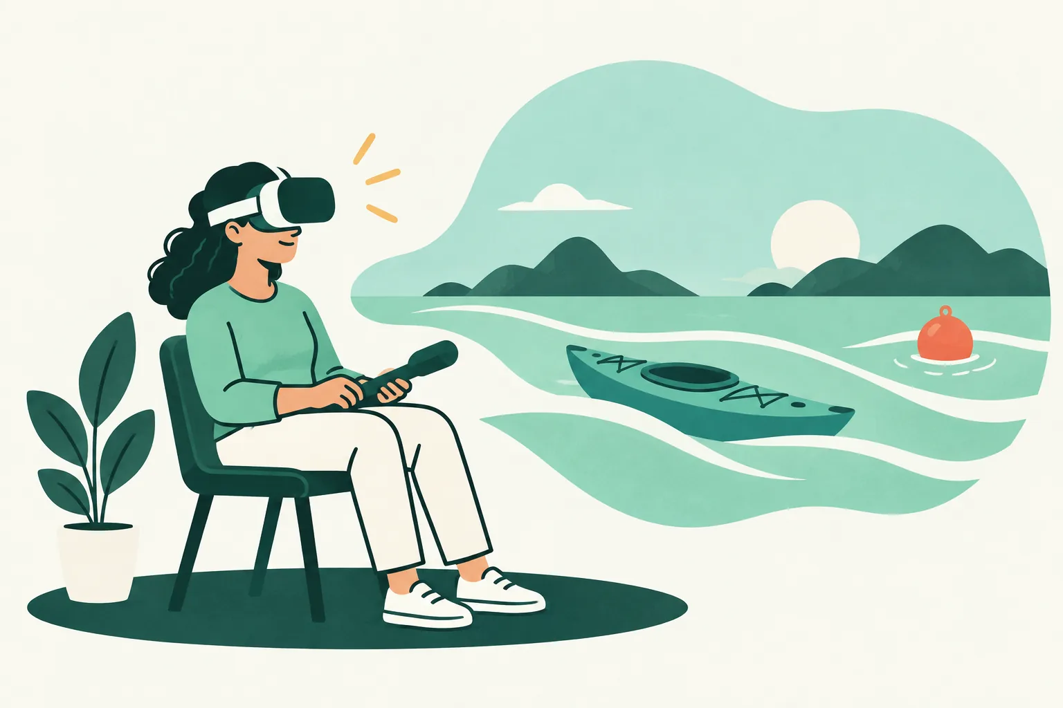 Illustration of a seated headset player with abstract gentle water shapes around a virtual kayak outline.
