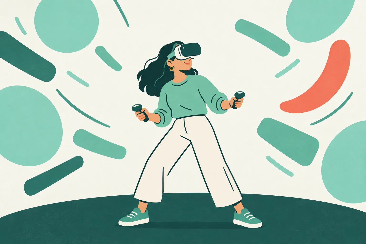 Illustration of a grounded headset player surrounded by abstract shapes near the edge of the scene.