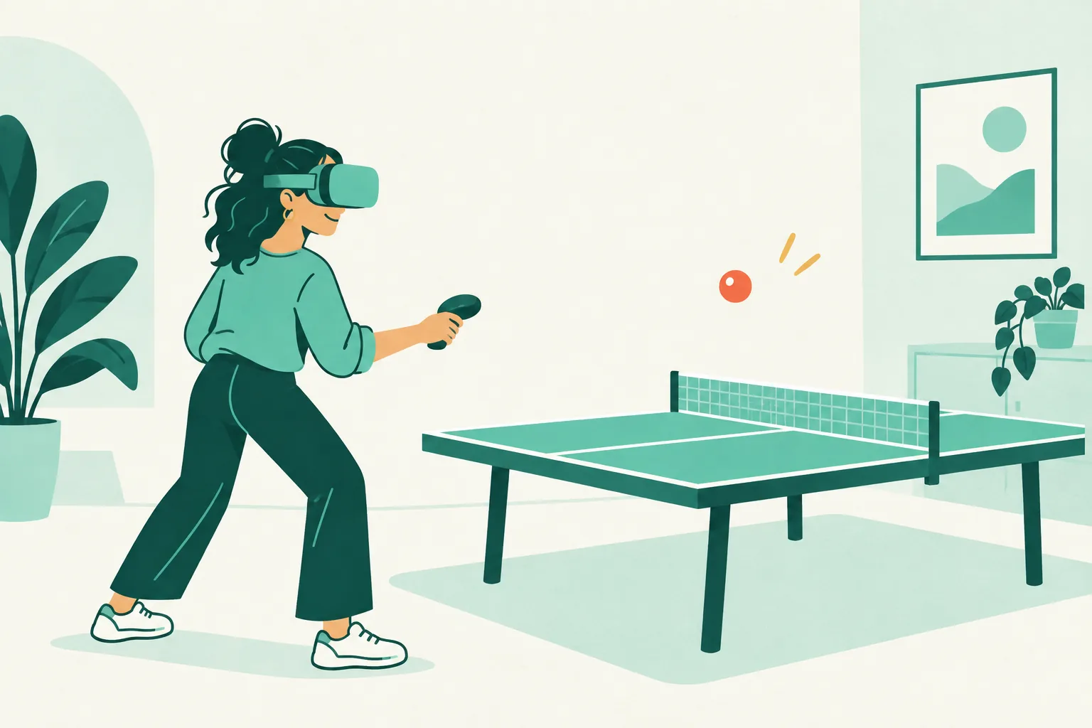 Illustration of a headset player beside a simple table in a clear open play area.