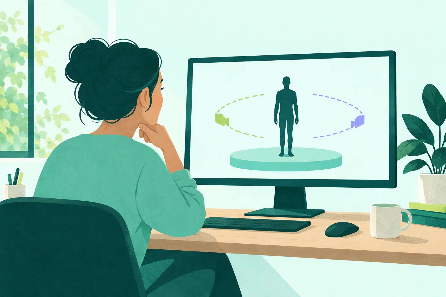 Stationary abstract figure inside a monitor with offset framing curves beside a still seated player.