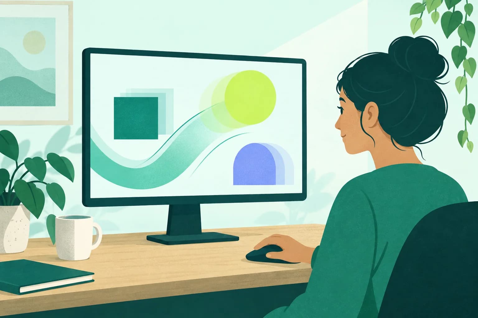Generic monitor with layered offset geometric edges above a steady horizontal desktop.