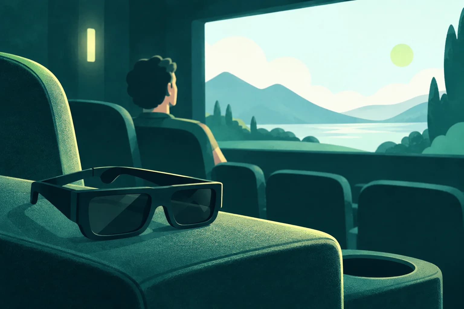 Generic cinema glasses resting on an armrest beside a viewer facing a distant neutral screen.