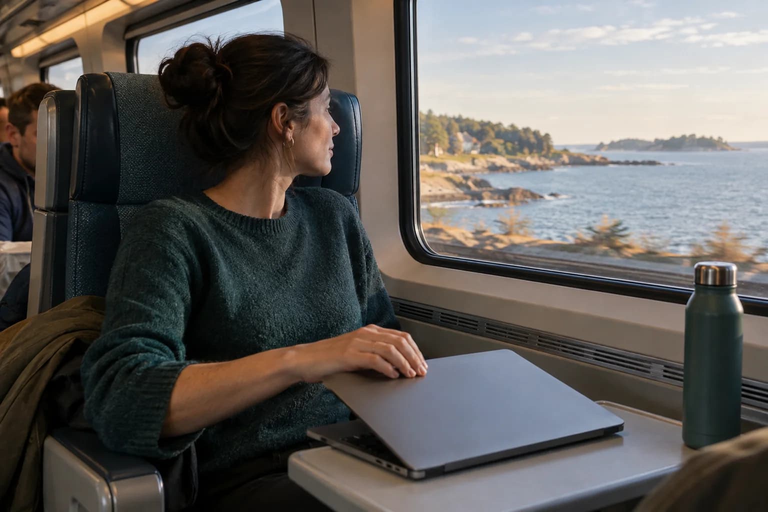 Passenger closing a plain laptop while looking toward coastal scenery through a train window.