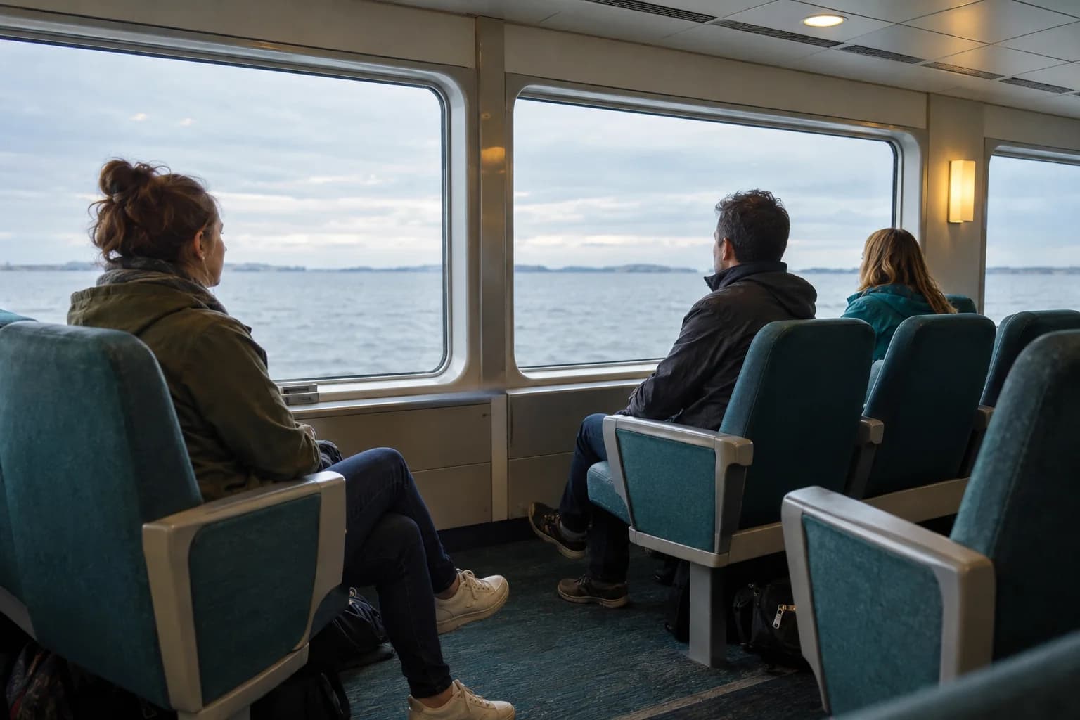Adults sitting in a conventional ferry lounge with broad side windows and a clear horizon.