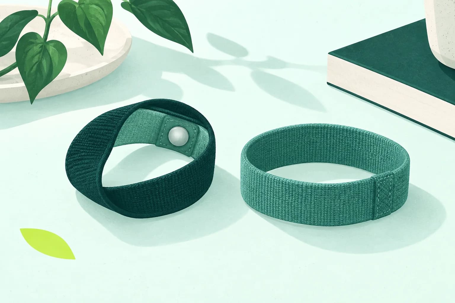 Two plain elastic wristbands on a light surface, with the small inner stud visible on one band.