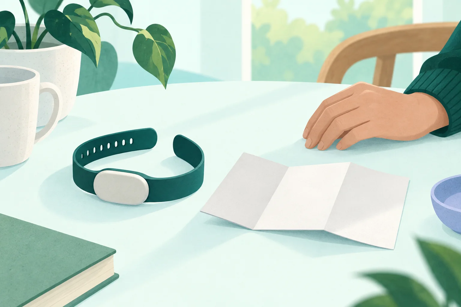 Generic electronic wristband beside a folded blank instruction leaflet on a quiet tabletop.