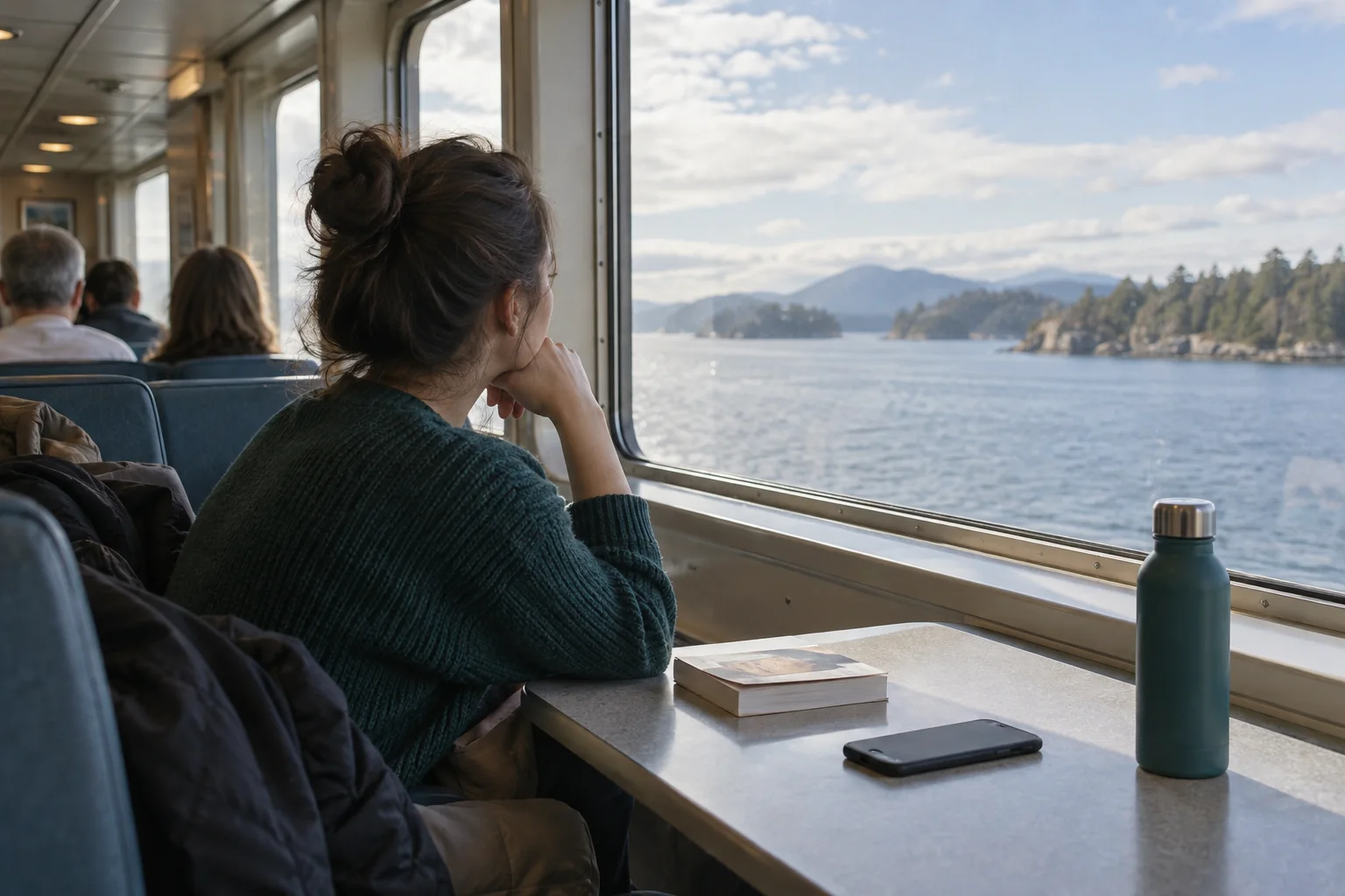Traveller watching the water from a ferry lounge window with a phone set aside on the table.
