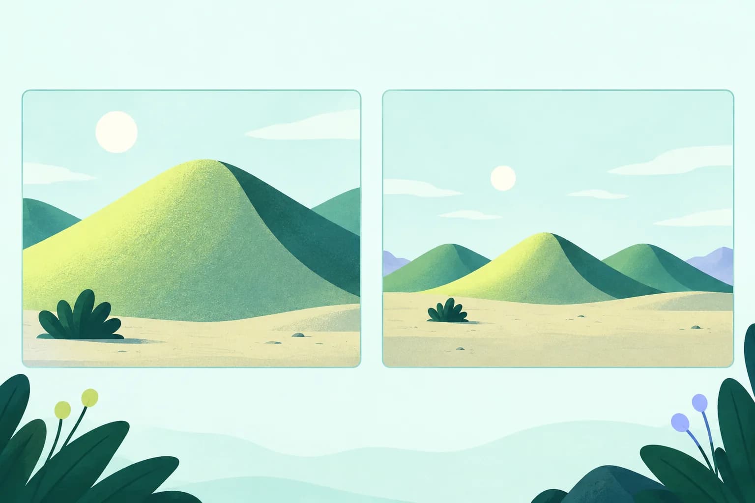 Two plain frames showing narrower and wider views of the same simple desert shapes.