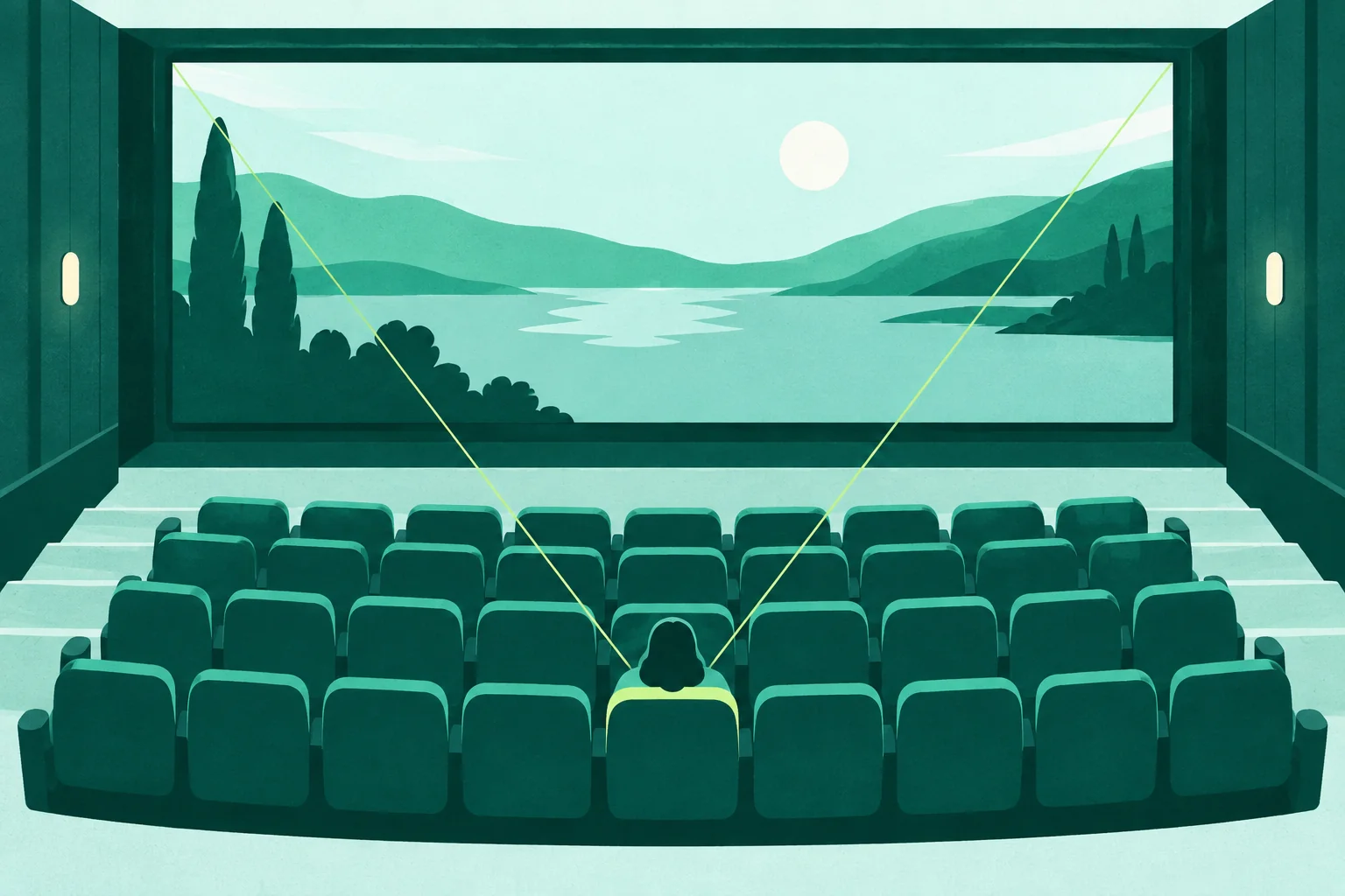Cutaway cinema with a viewer toward the rear center and a large screen across the room.