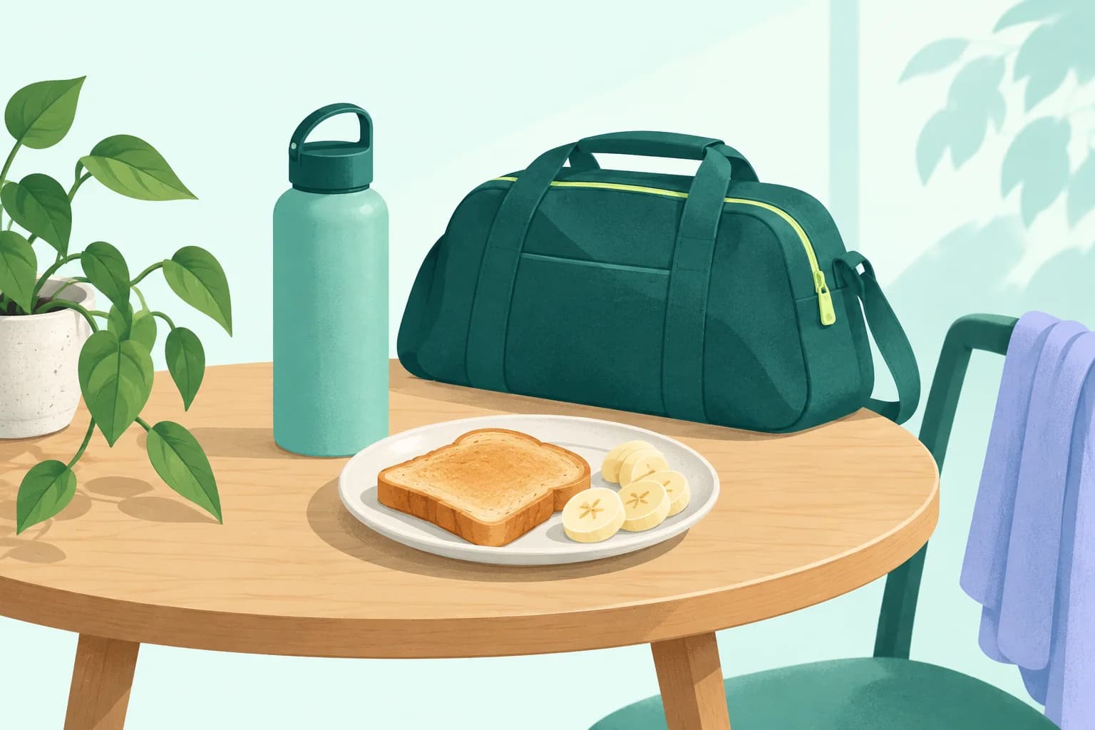 Small plate of toast and banana beside a water bottle and a closed travel bag.