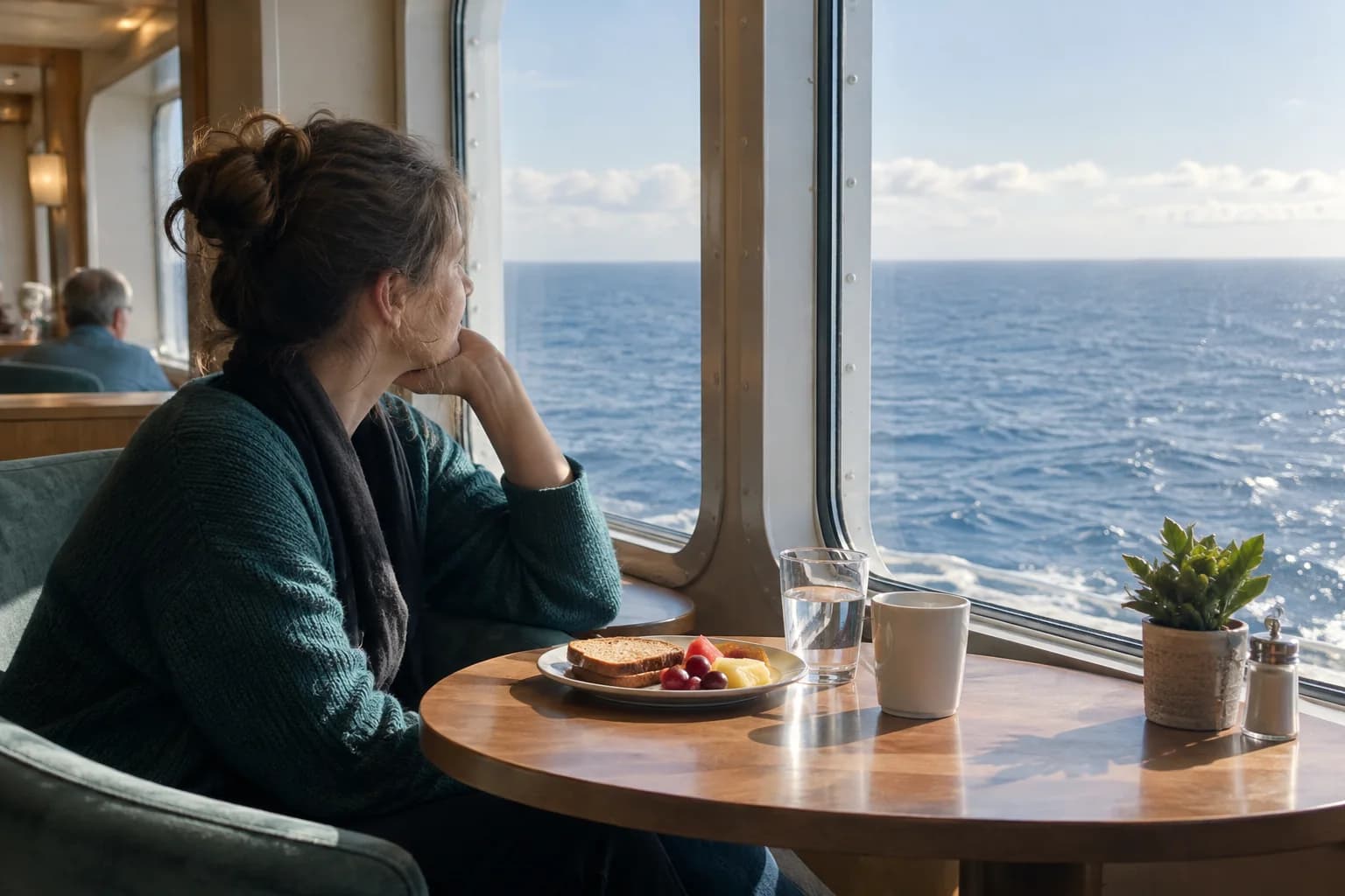 Adult beside a ship lounge window with a simple breakfast and water while the ocean horizon remains visible.