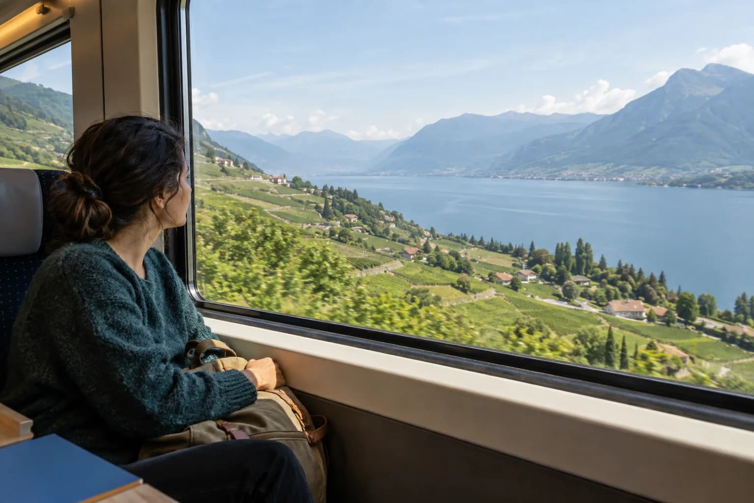 Passenger watching a lake and green slopes through a broad panoramic train window.