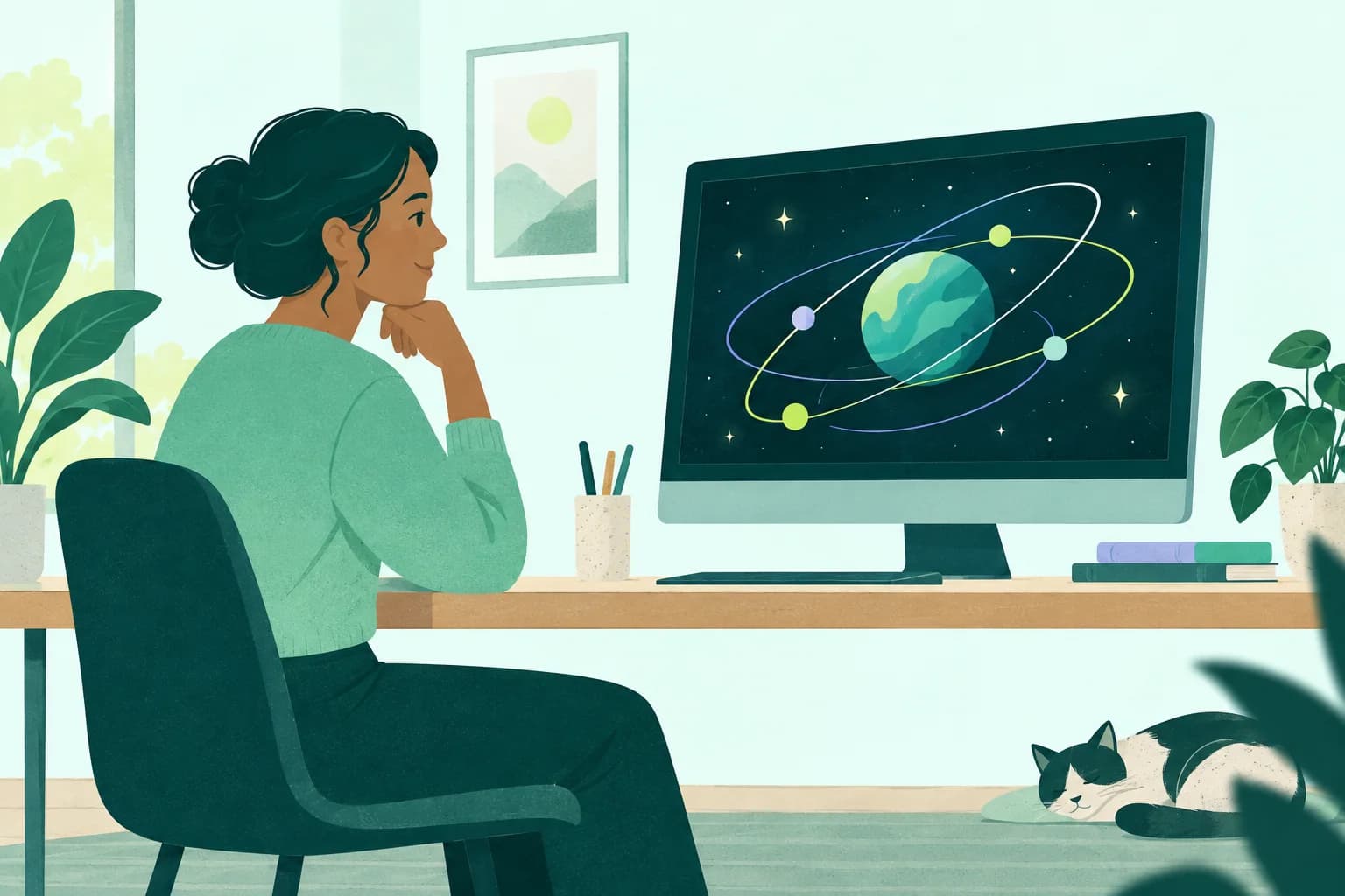 Still player beside a monitor containing abstract tilted orbital shapes and a small planet.