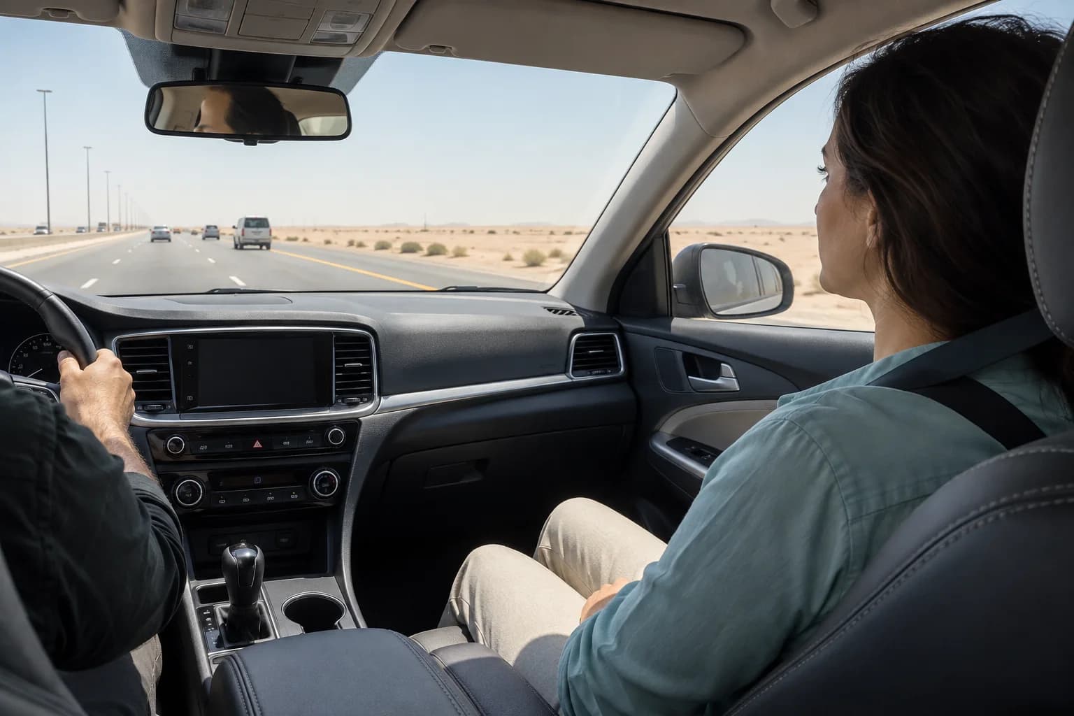 Belted front passenger looking ahead along a flat desert highway.