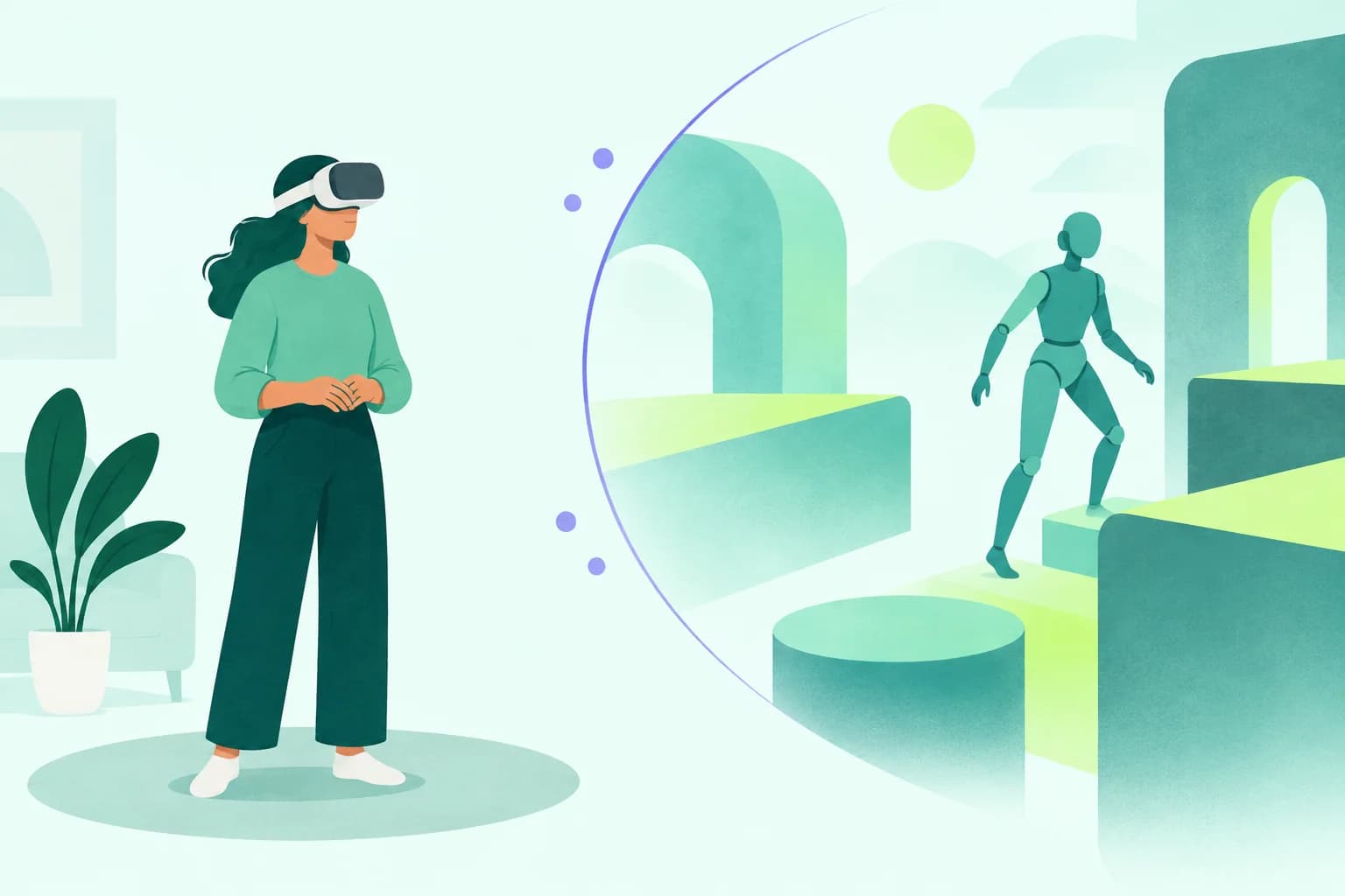 Still headset wearer beside a separate abstract virtual figure and gently offset geometric obstacles.