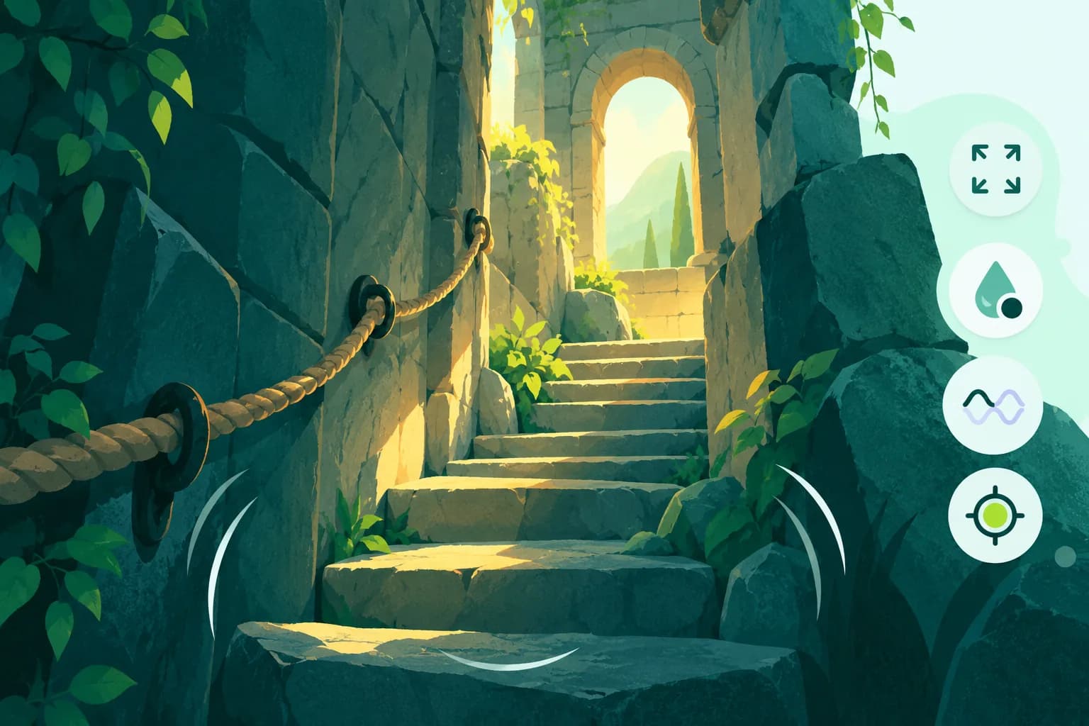Original adventure corridor with camera wobble arcs and generic controls for view, blur and stabilization.
