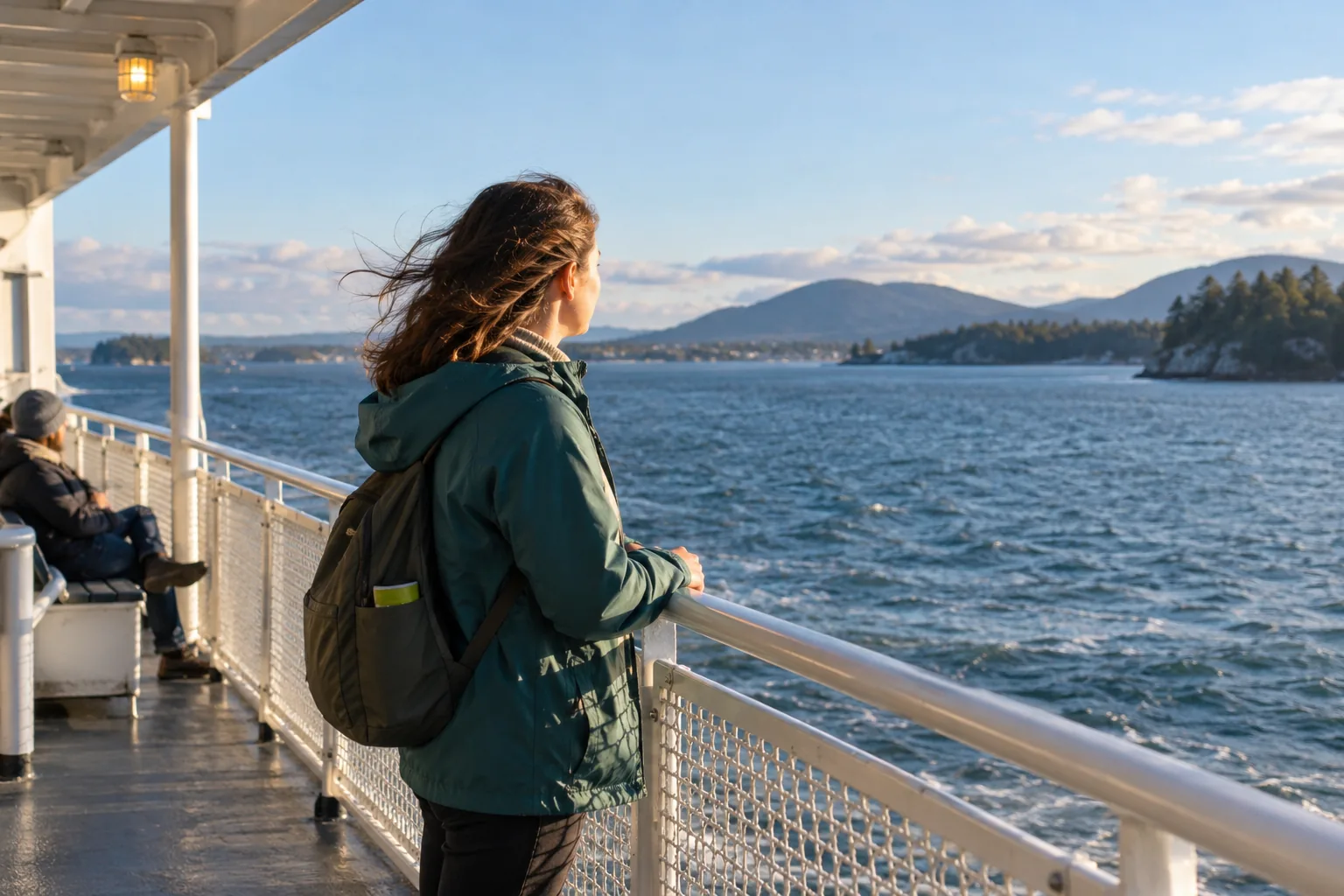 Traveler standing safely at an outdoor ferry rail with a distant low shoreline across bay water.