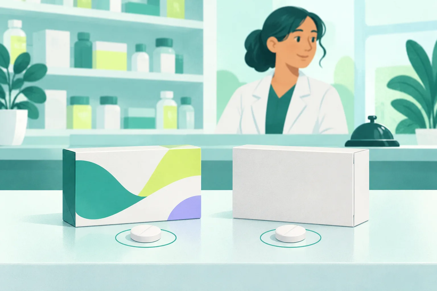 Two unbranded medicine boxes with matching tablet silhouettes shown on a neutral pharmacy counter.