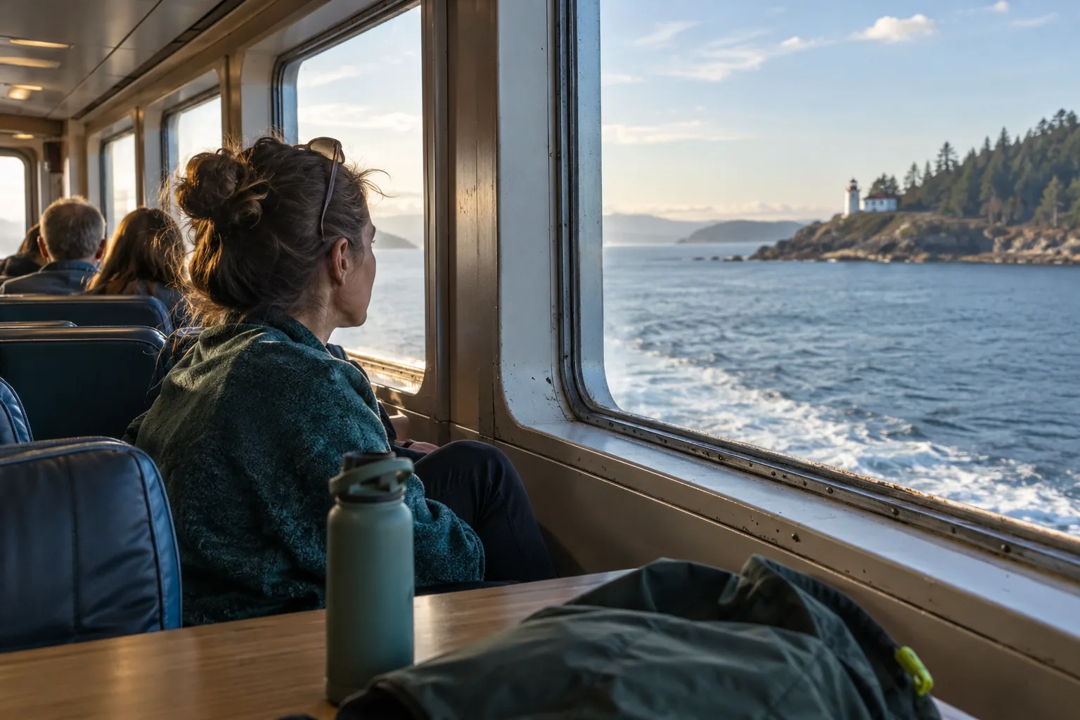 Traveler in a generic fast ferry lounge watching a coastal harbor give way to open water through a wide window.