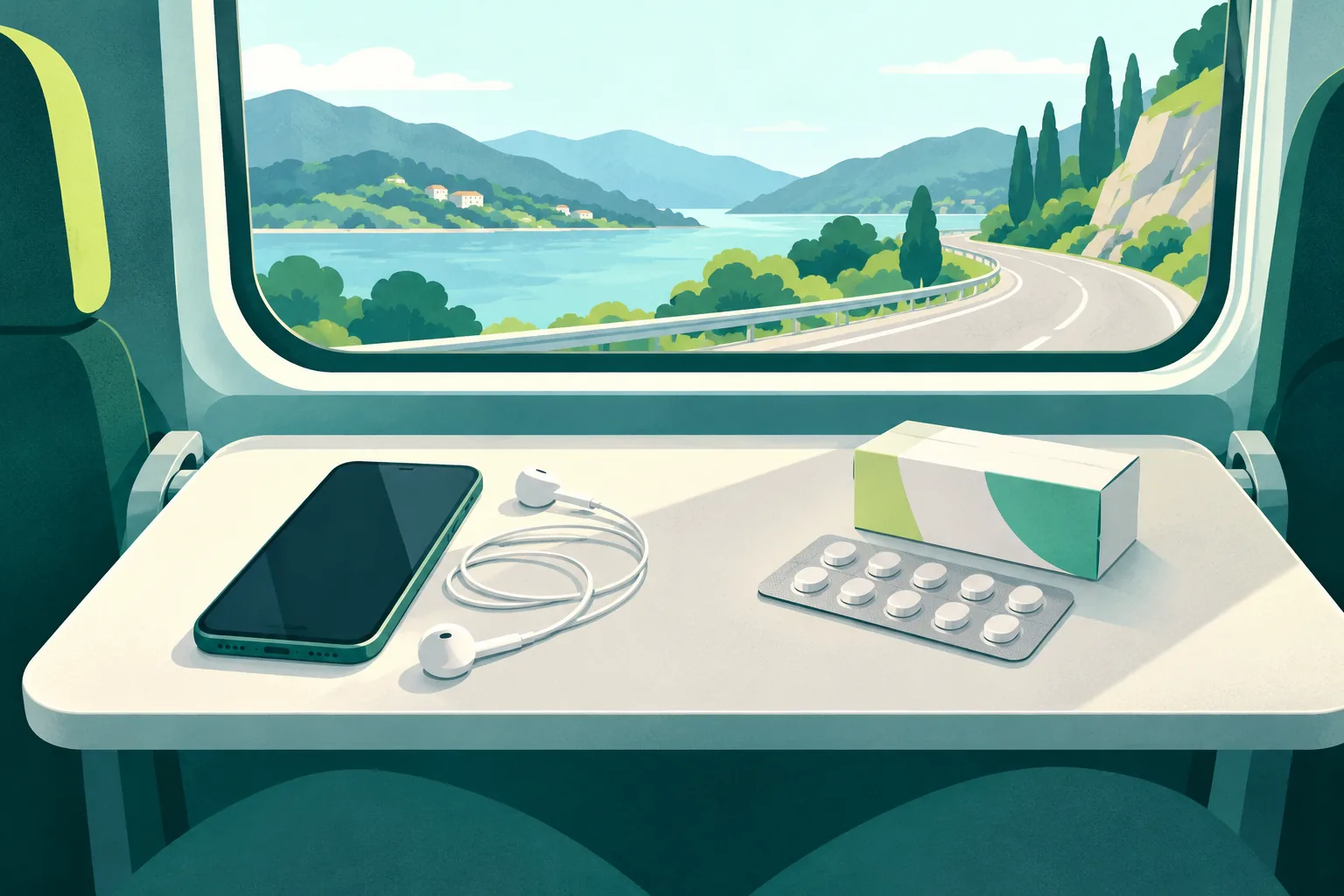 Generic phone with ordinary headphones beside an unbranded tablet pack on a balanced travel tray.