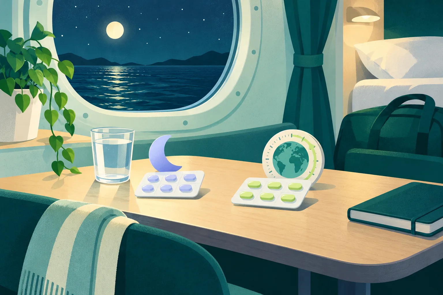 Two generic tablet options beside an overnight ferry window, luggage and separate timing symbols.