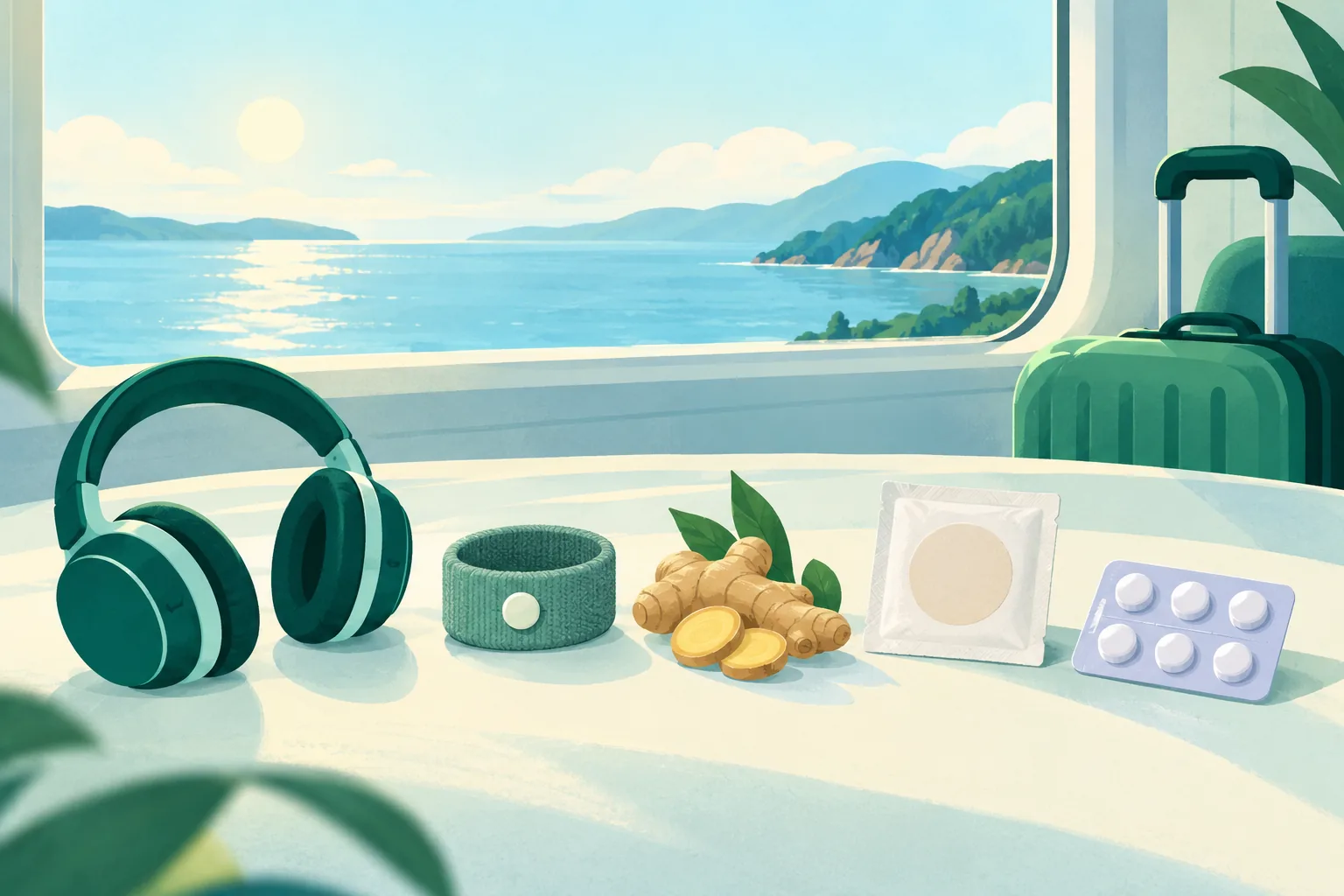 Travel table with generic headphones, wristband, ginger, patch envelope and unbranded tablet pack.