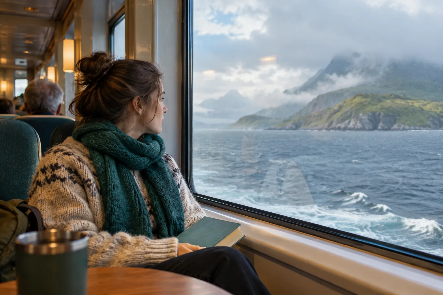 Bundled traveler watching layered North Atlantic water and a distant island from a ferry window seat.