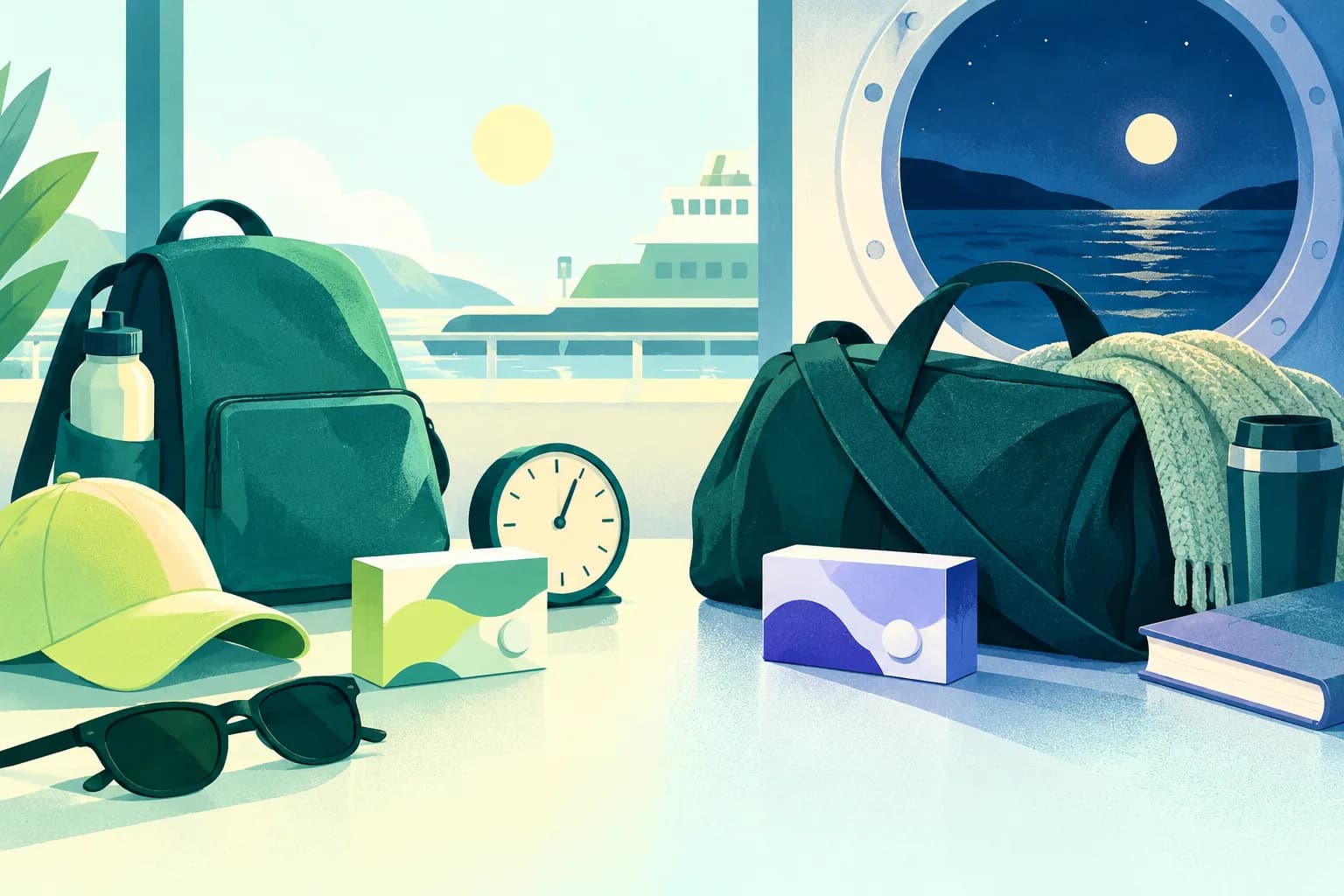 Flat editorial comparison of two unbranded tablet packs, a near-departure clock and an overnight ferry window.